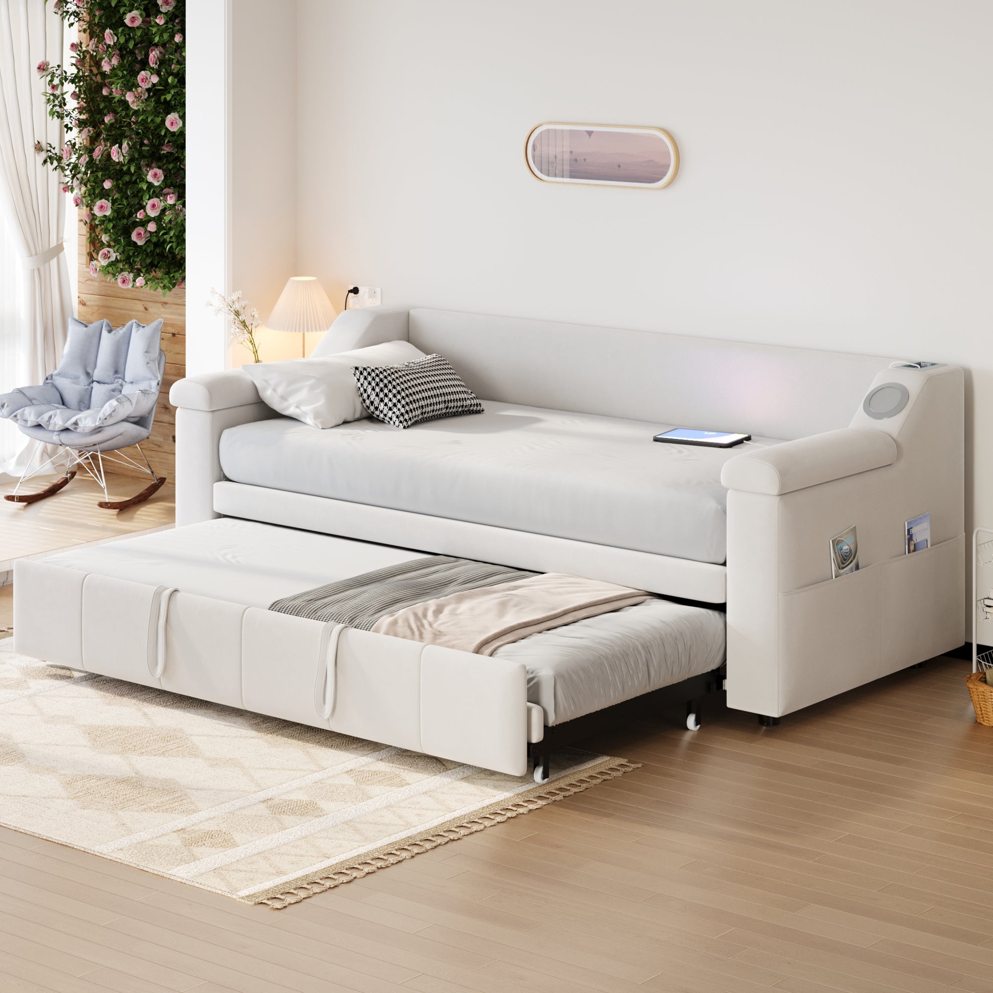 Logidon slaapbank gestoffeerd bed 90/180x190 beige fluweel Bluetooth