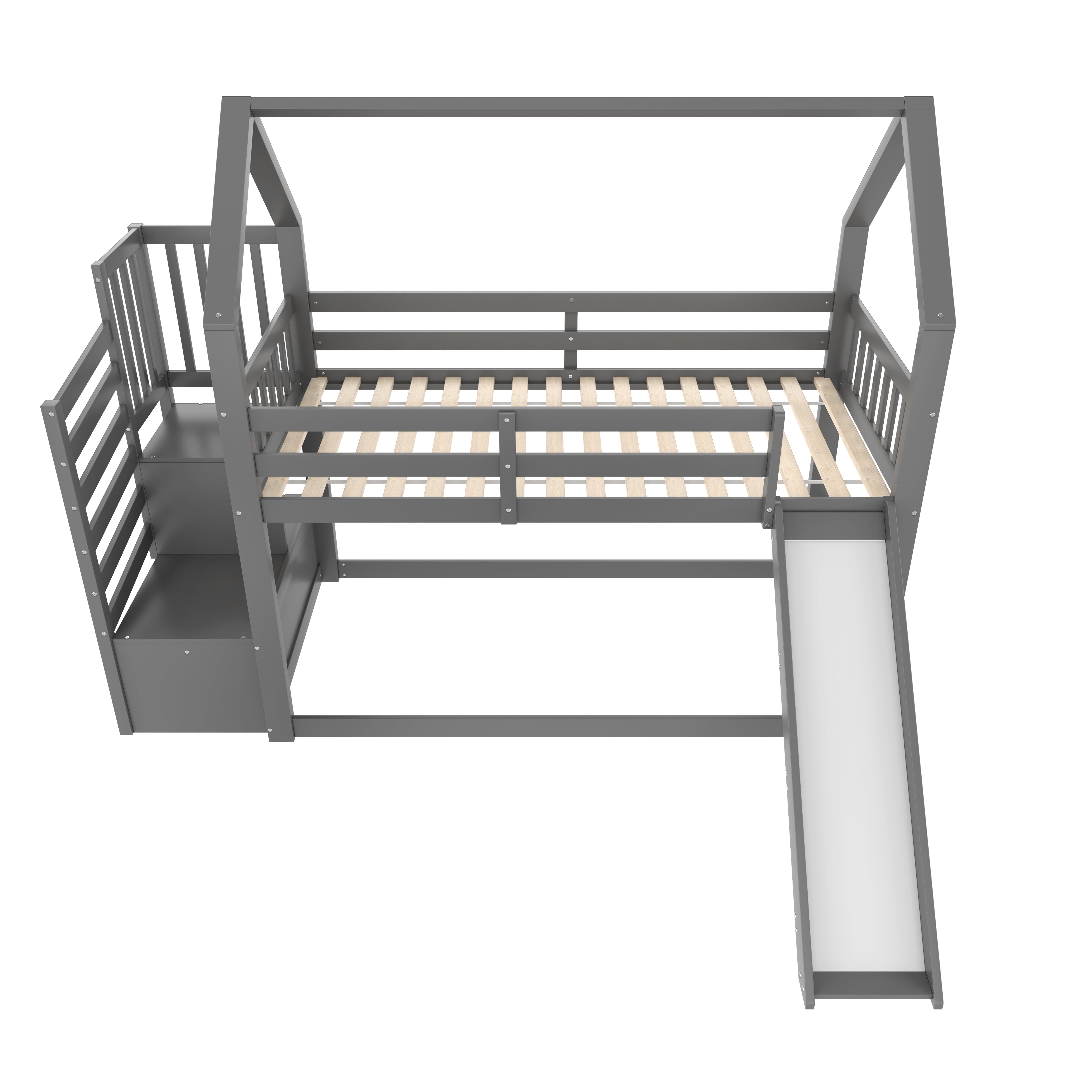 Logidon stapelbed grijs 90x200 met opbergtrap en glijbaan