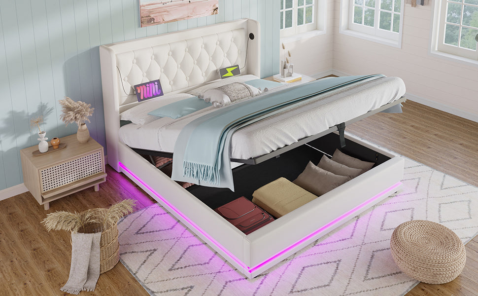 Logidon upholstered bed 160x200 cm white PU with USB C charging function storage space