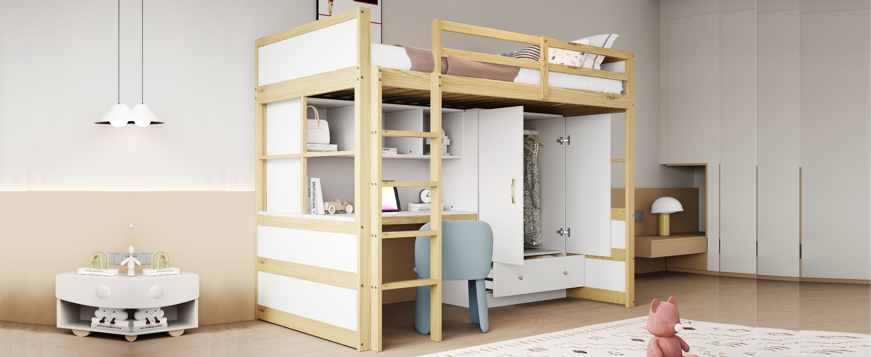 Logidon hoogslaper 90x200 cm met bureau en opbergruimte naturel hout