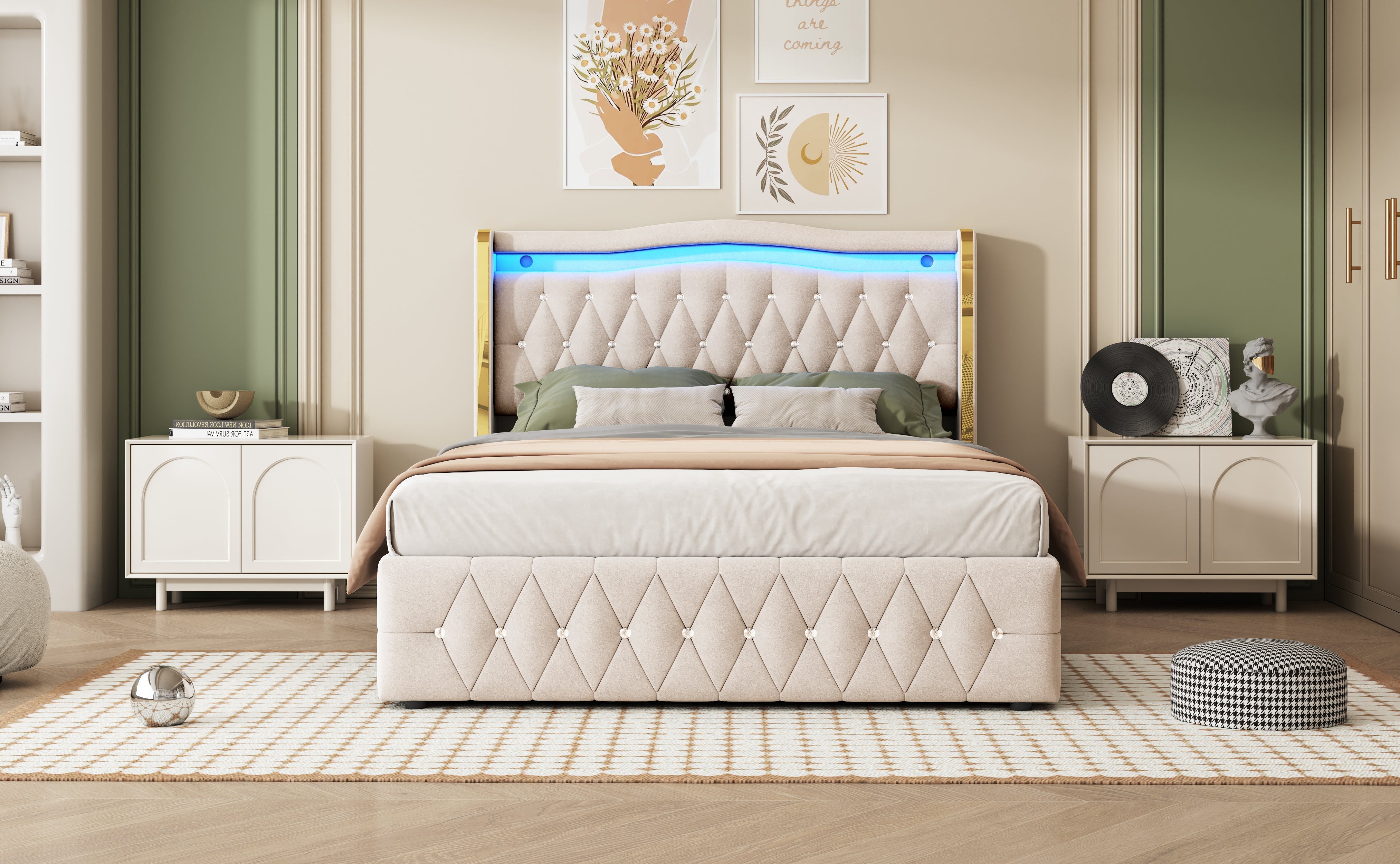 Logidon gestoffeerd bed 140x200 beige fluweel LED-verlichting hydraulisch