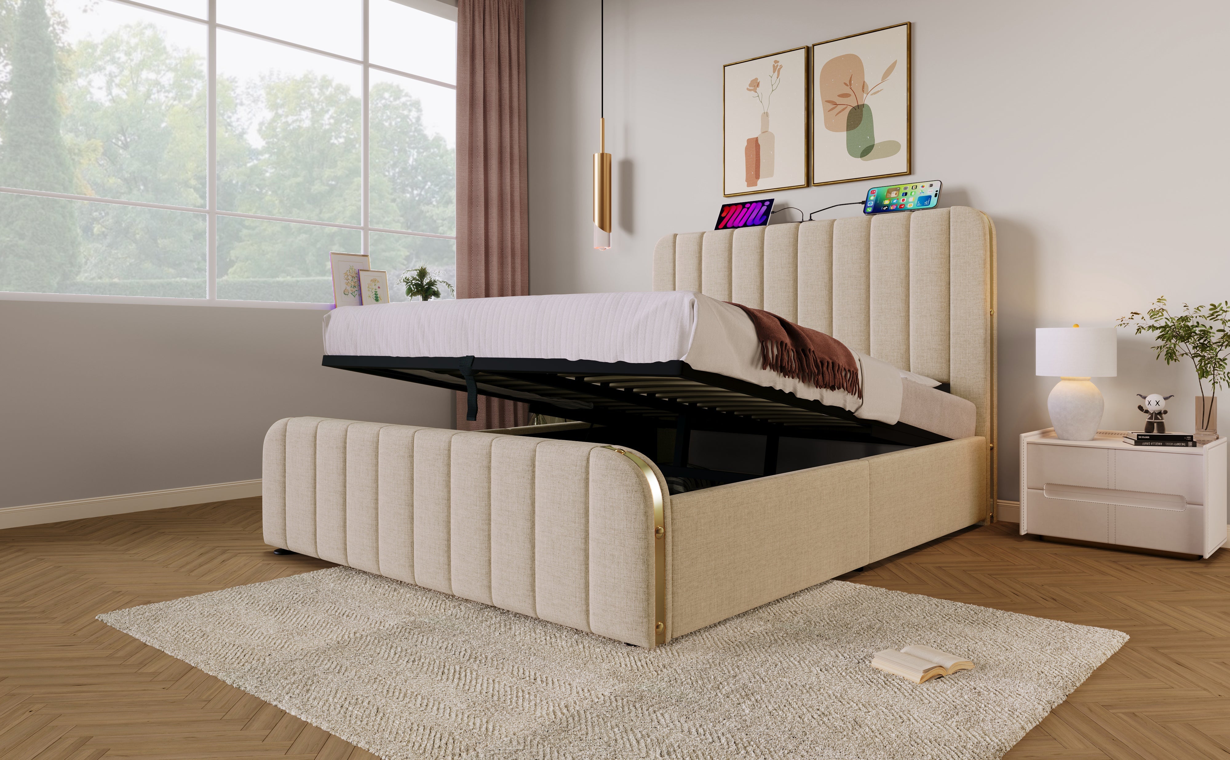Logidon gestoffeerd bed 140x200 cm beige linnen USB Type-C oplaadfunctie hoofdeinde
