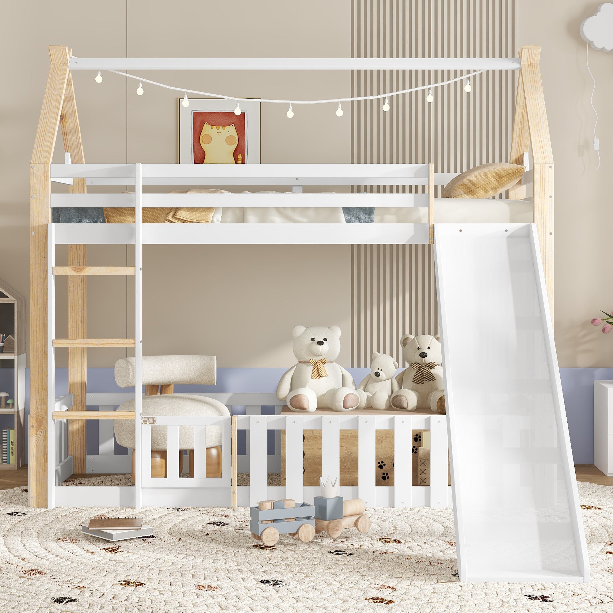 Logidon stapelbed met dakvorm en glijbaan 90x200 cm wit naturel