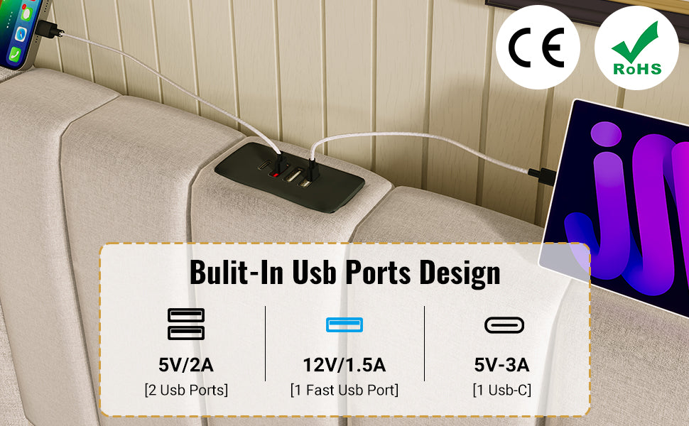 Logidon gestoffeerd bed 180x200 opbergruimte met LED USB oplaadfunctie beige
