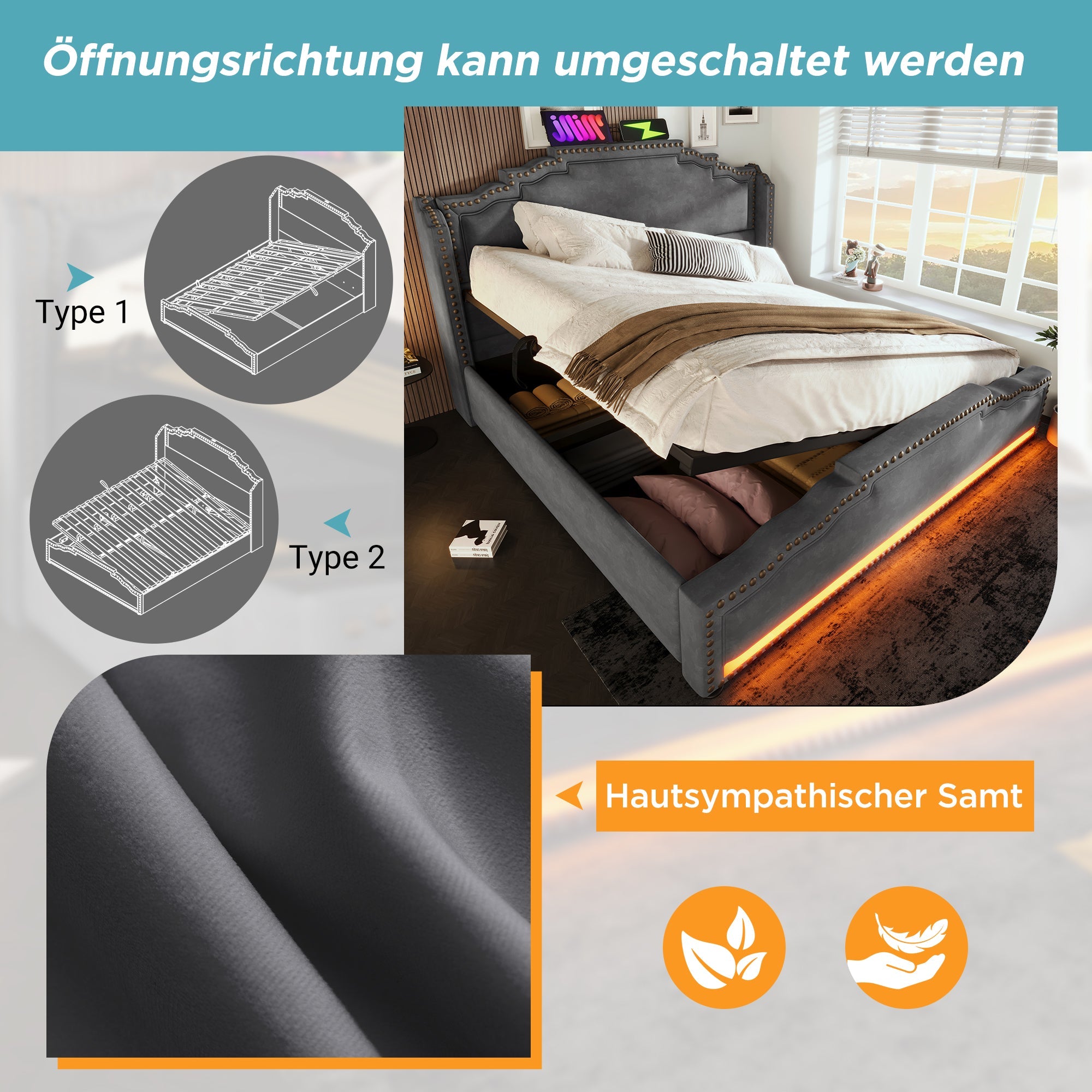 Logidon gestoffeerd bed 140x200 grijs LED-licht met hydraulische opbergruimte
