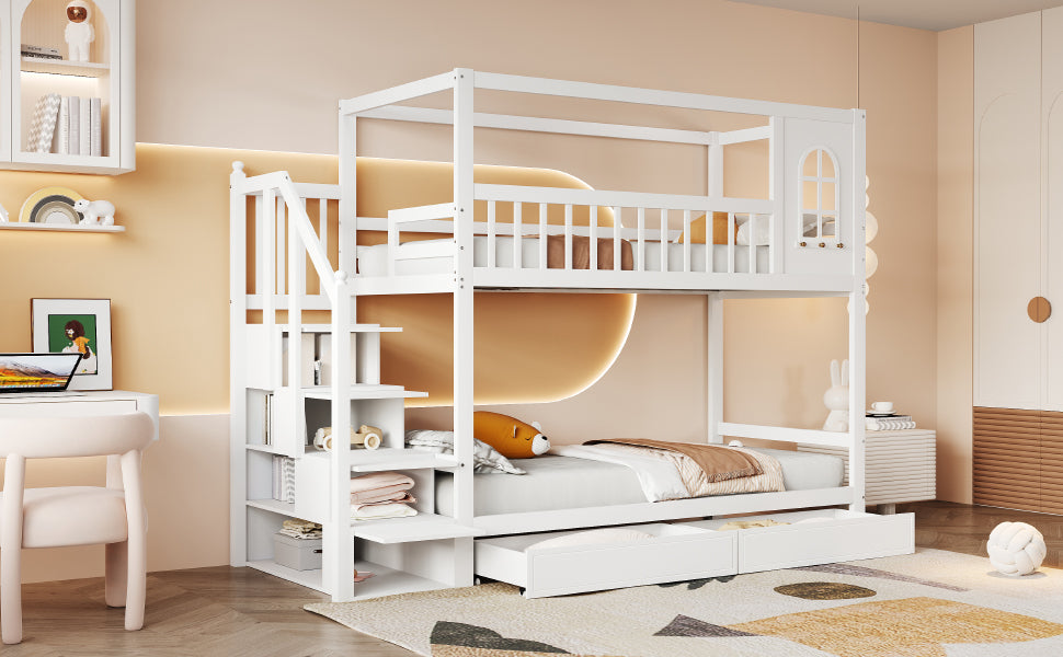 Logidon stapelbed 90x200 cm wit massief houten huisvorm met lades