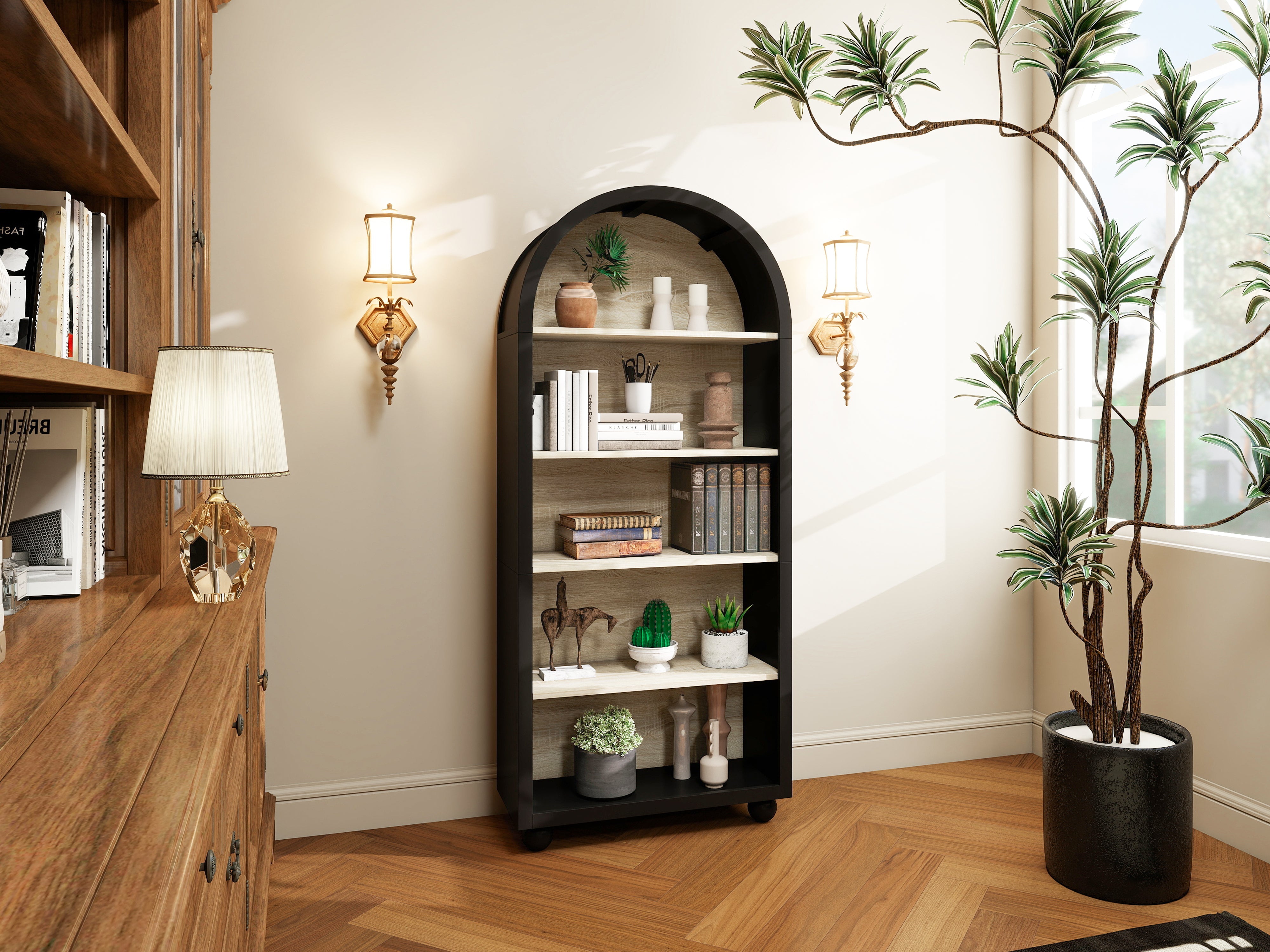 Logidon boekenkast metalen frame zwart naturel hout 70,5 x 30 x 161 cm