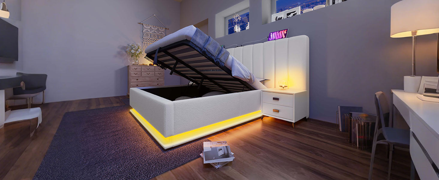 Logidon gestoffeerd bed 160x200 wit met opbergruimte en app-gestuurde LED-verlichting