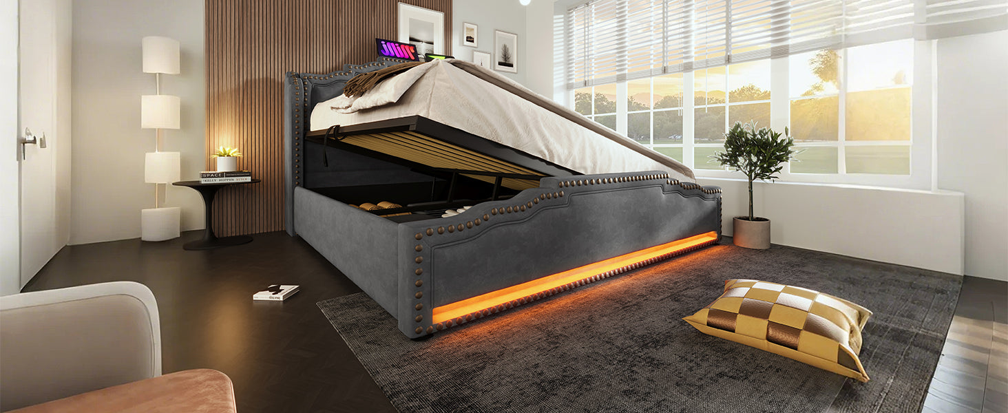 Logidon gestoffeerd bed 140x200 met hydraulische opbergruimte LED USB-C grijs