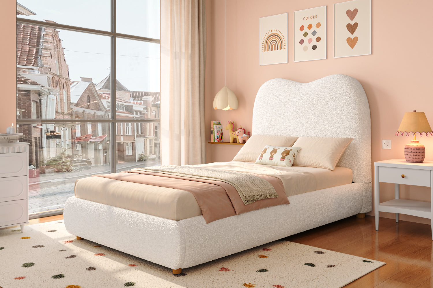 Logidon Hydraulisch Kinderbed 90 x 200 cm met Opbergruimte Beige Bouclé
