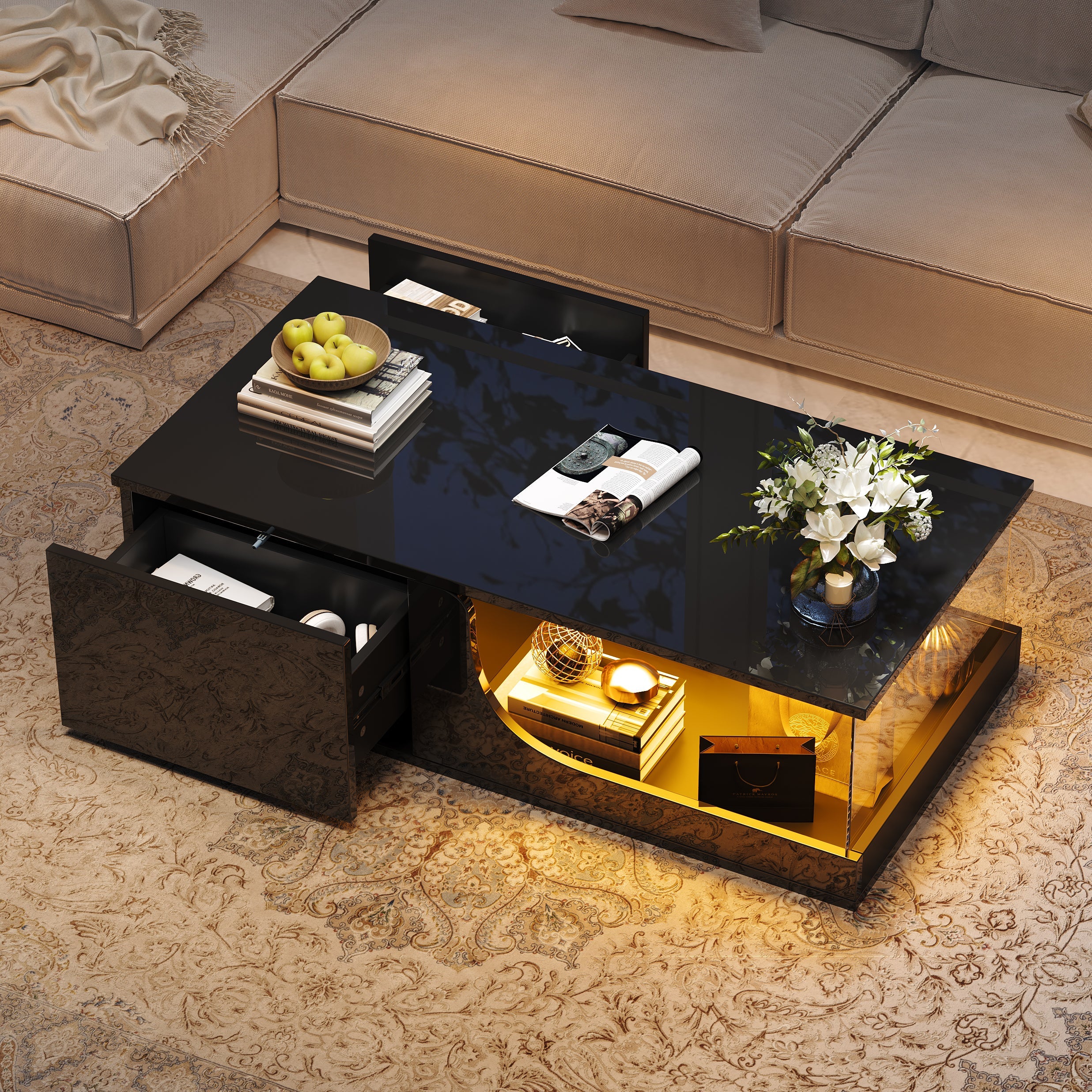 Logidon Zwarte hoogglans salontafel 100x50x30 cm LED-verlichting