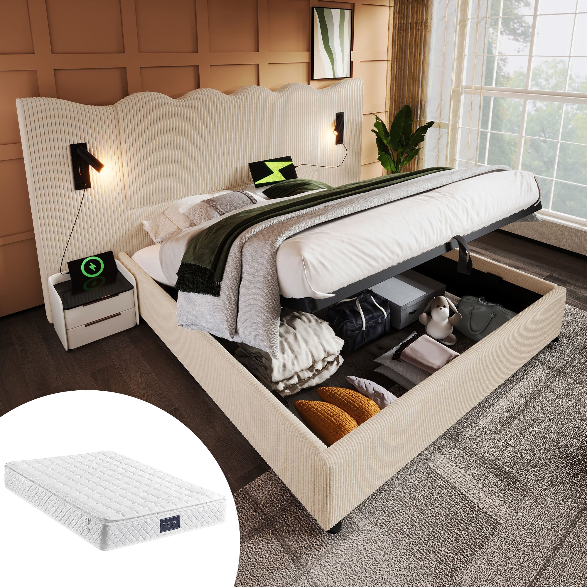 Logidon upholstered bed 160x200 beige with reading lamp USB charging function