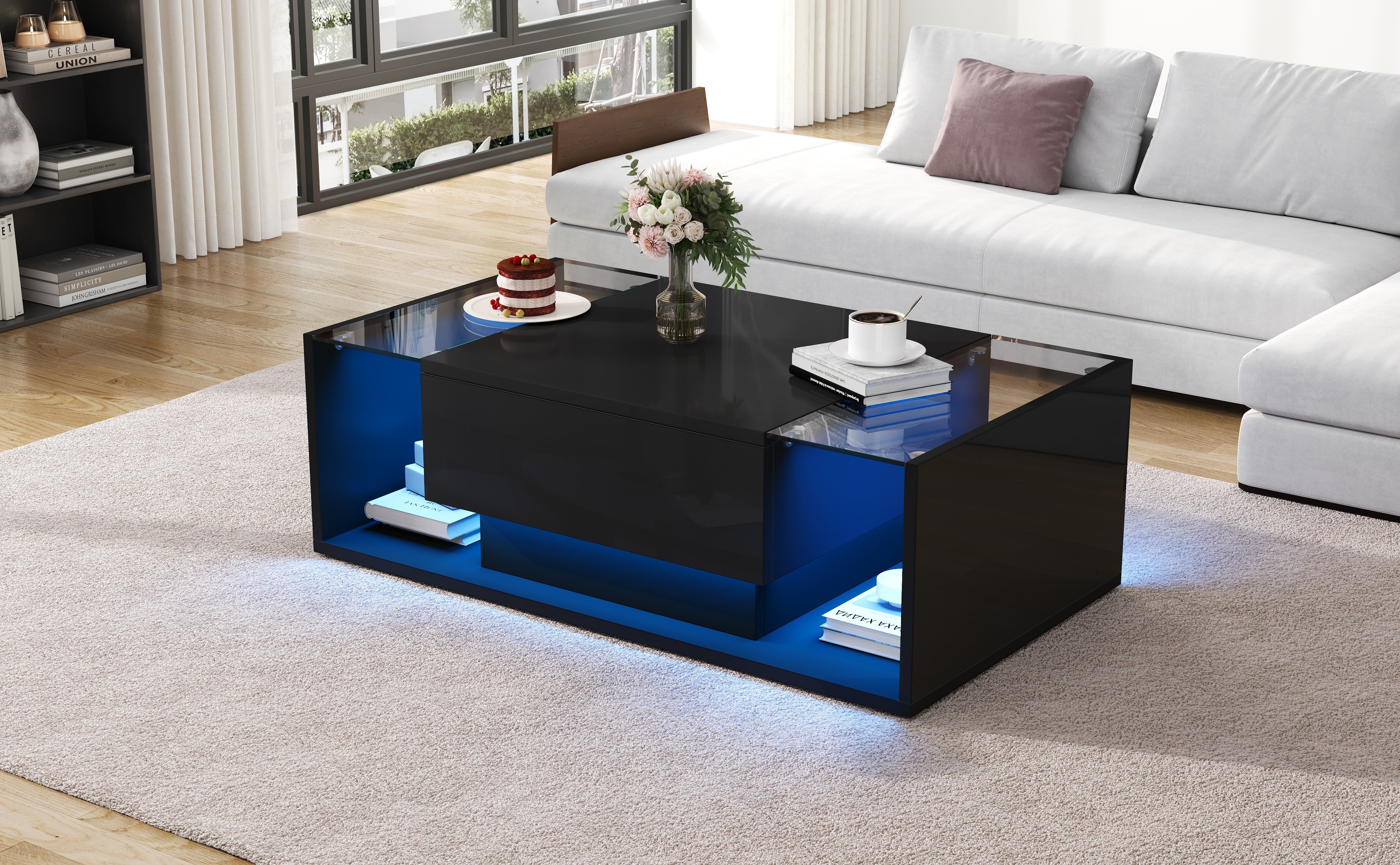 Logidon Zwarte hoogglans salontafel 100x50x31 cm met lade LED lichtstrip
