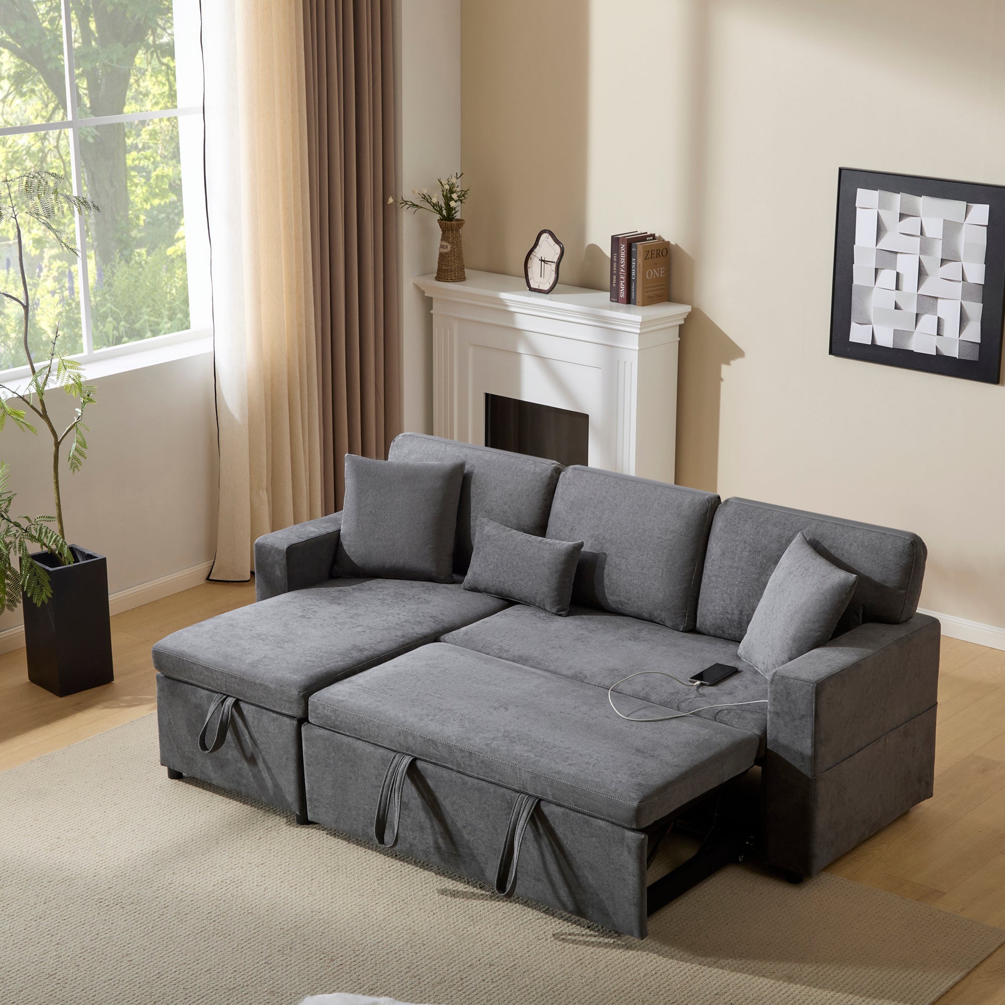 Logidon Corner Sofa Gray Extendable Bed With Bed Box Shelf 214x131