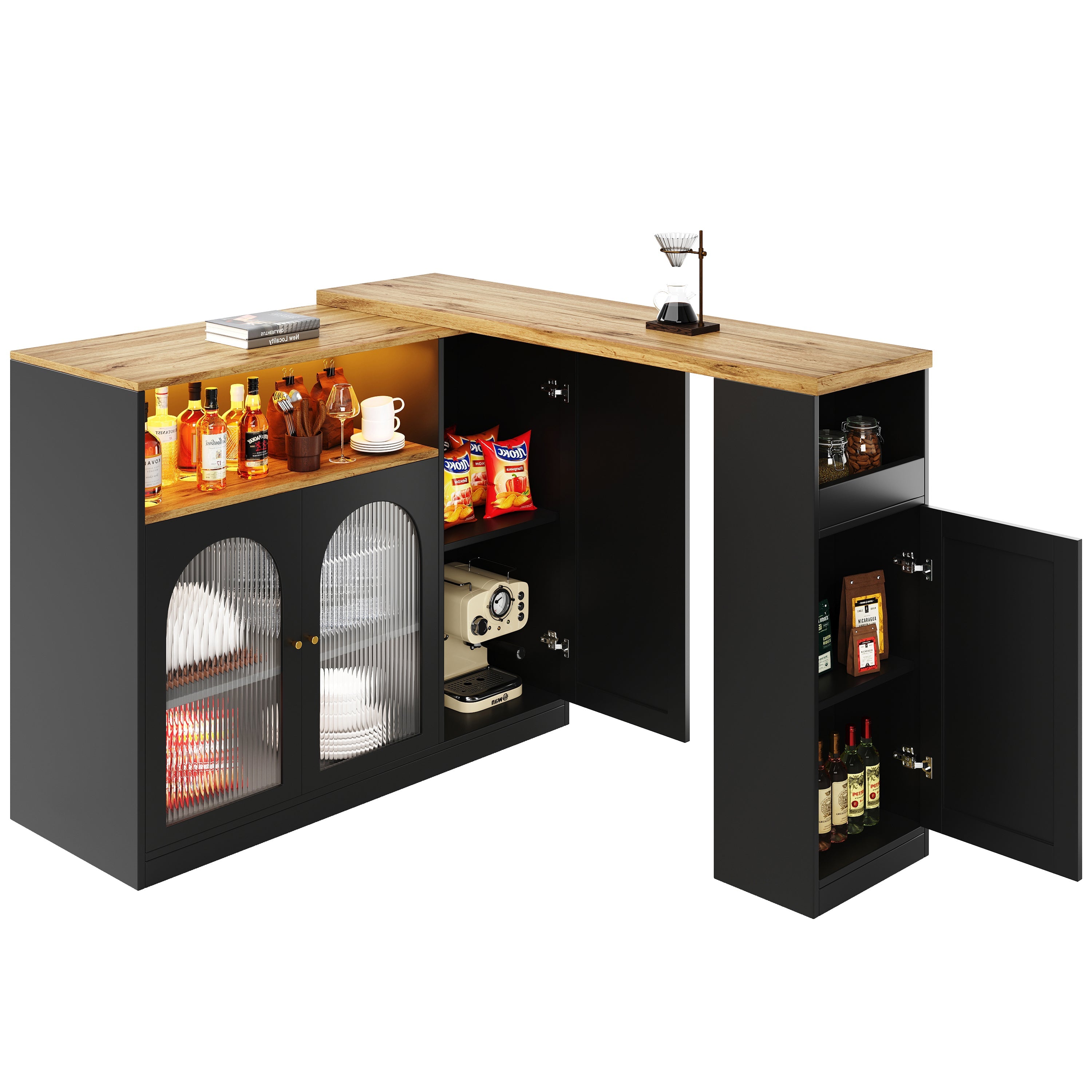 Logidon Draaibare Bartafel Mat Zwart 198x39x97 cm Met LED Glazen Deur