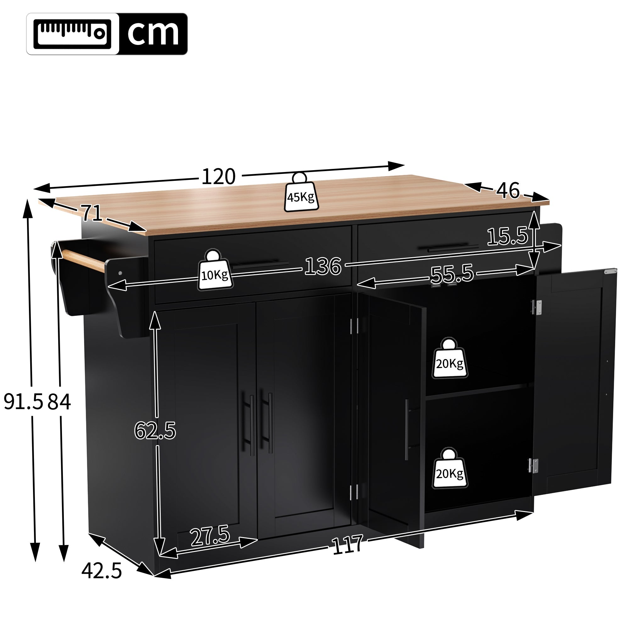 Logidon serving trolley with folding table top black 120x46x91 cm