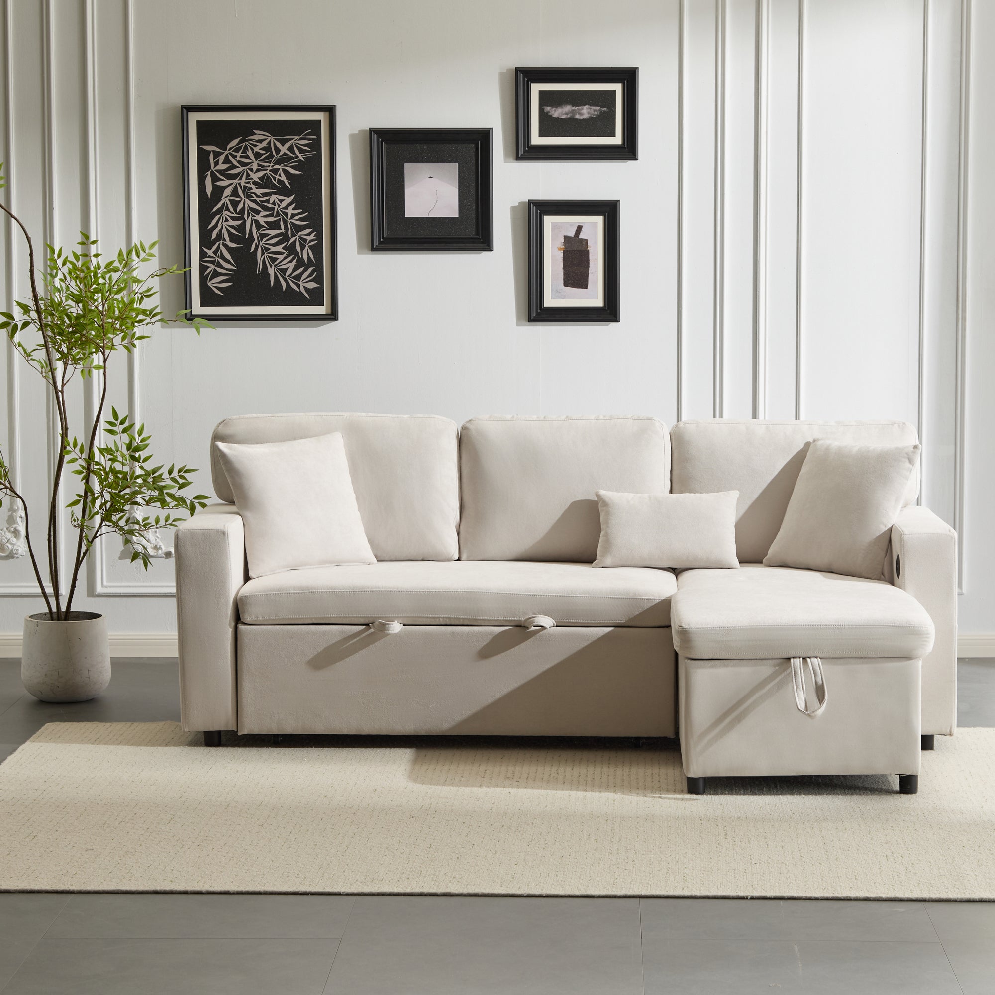 Logidon corner sofa bed L-shape extendable beige with bed box shelf