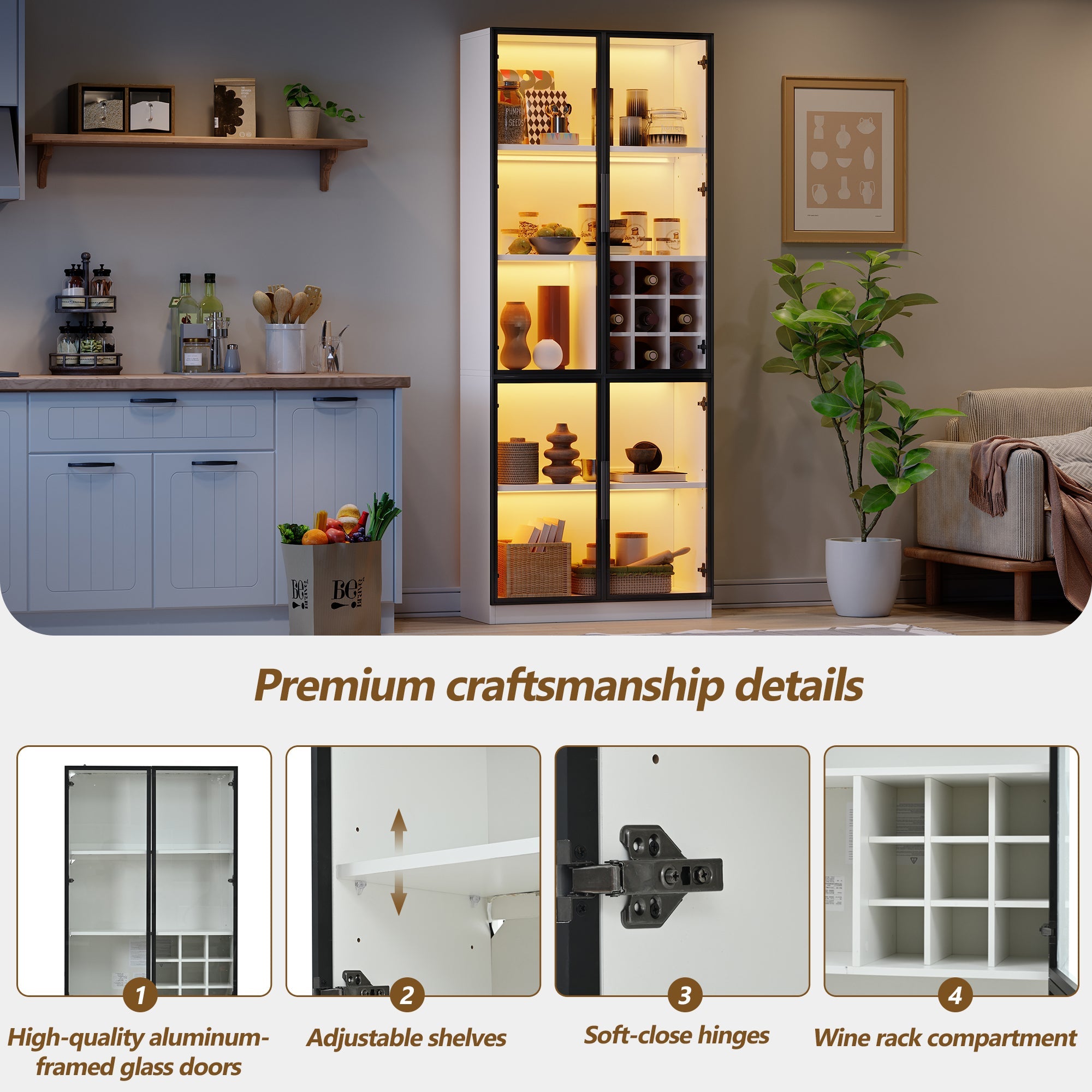Logidon showcase 80x35x200 white glass doors LED lighting wine rack