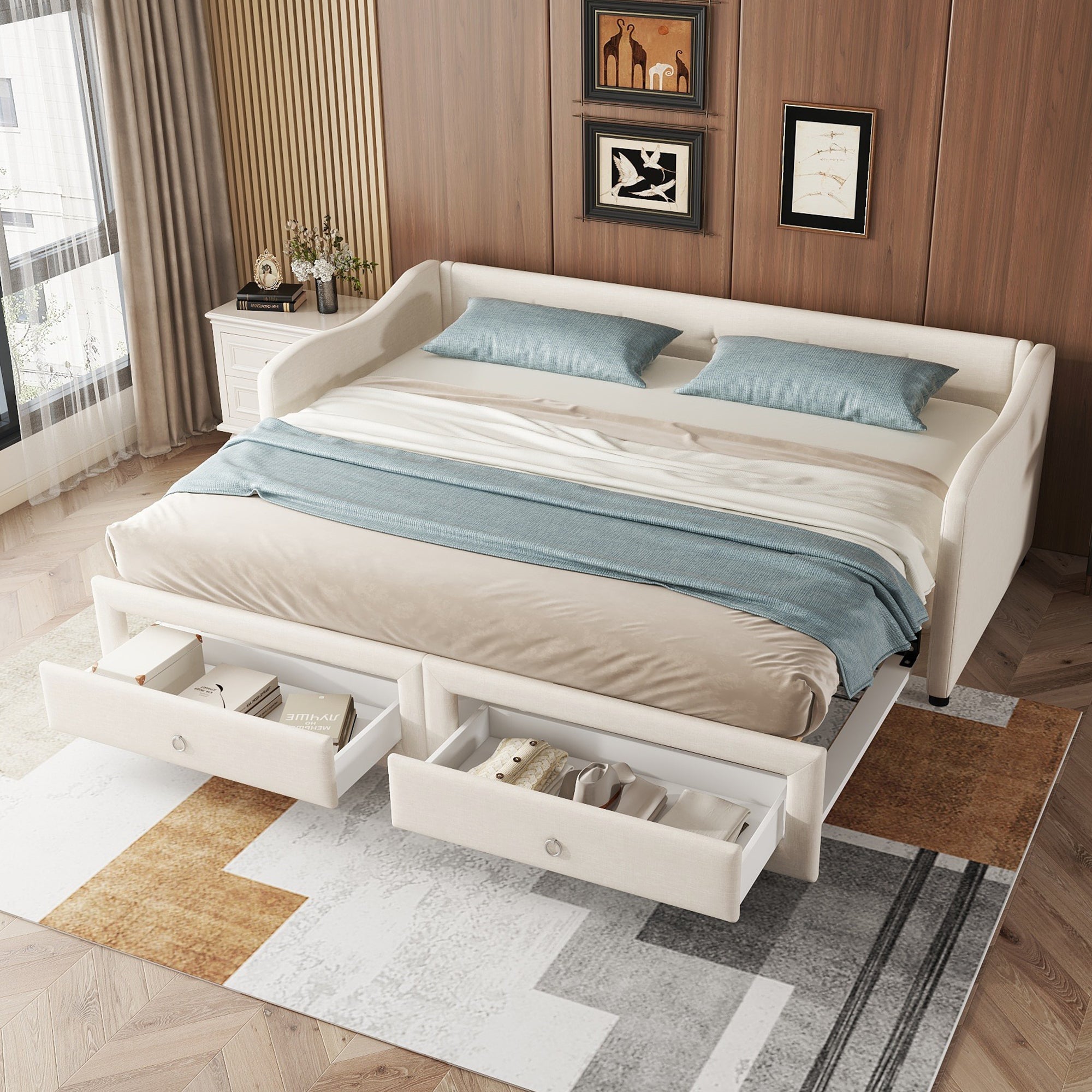 Logidon dagbed 90x200cm beige linnen met uitschuifbaar bed