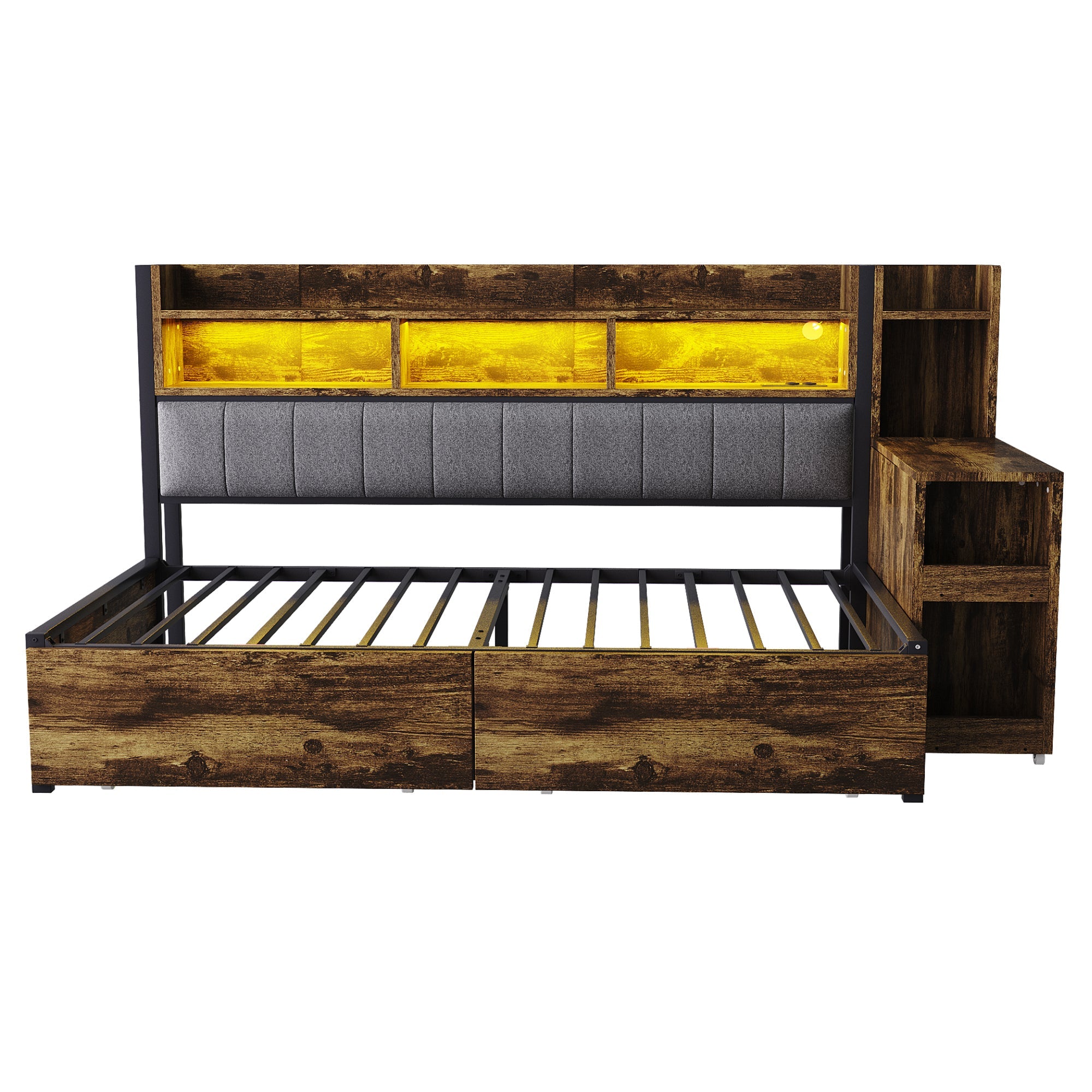 Logidon ijzeren slaapbank 90 x 200 cm houtlook opbergruimte LED