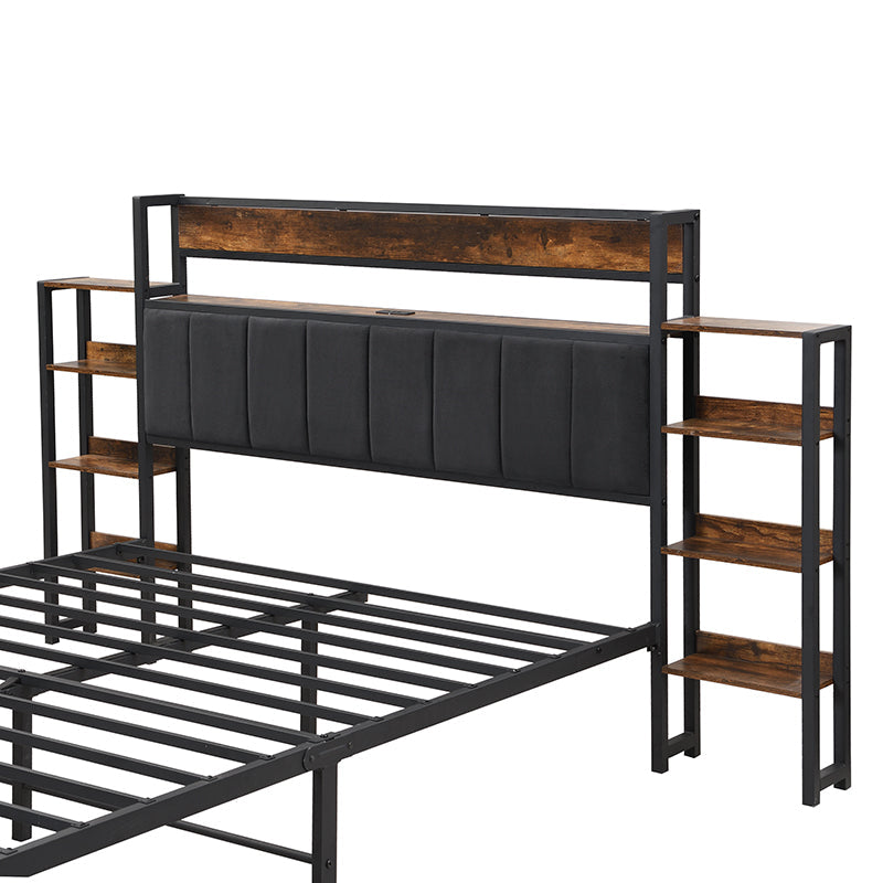 Logidon metalen bed 140x200 met opbergruimte USB-poorten zwart walnoot