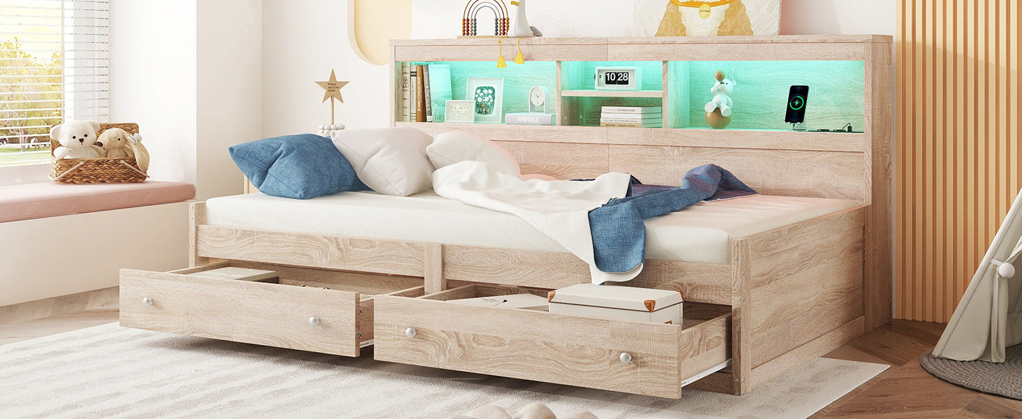Logidon Daybed 90x200cm slaapbank met sfeerverlichting USB naturel