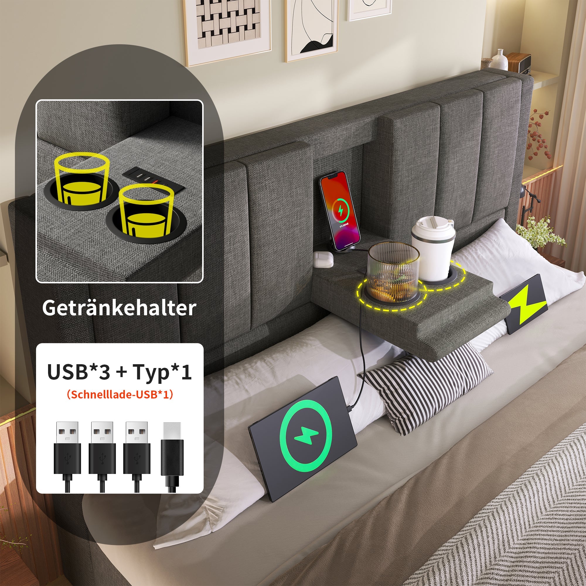 Logidon gestoffeerd bed 140x190 cm met bekerhouder en USB-oplader grijs