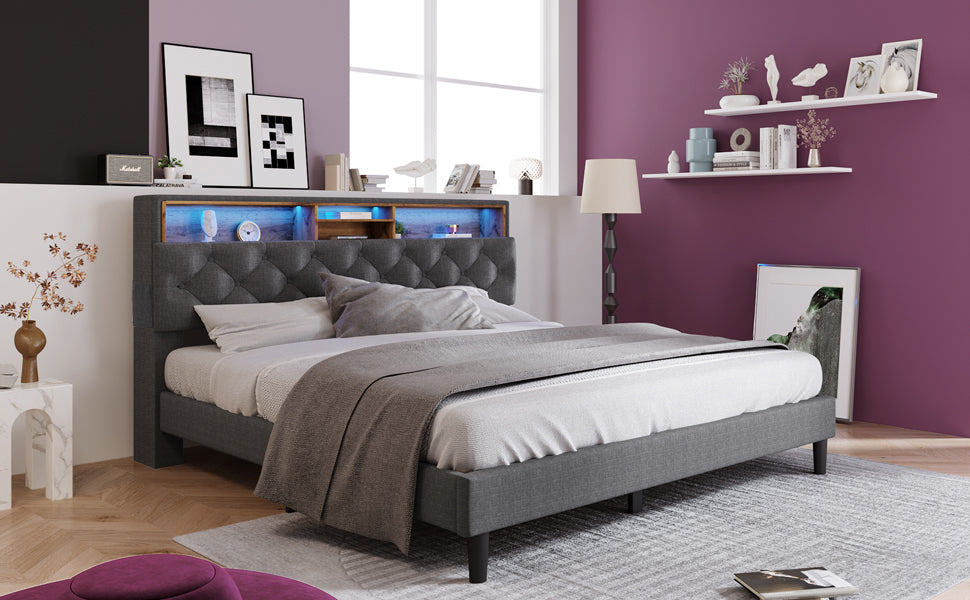 Logidon upholstered bed double bed with storage space headboard LED gray 140x200