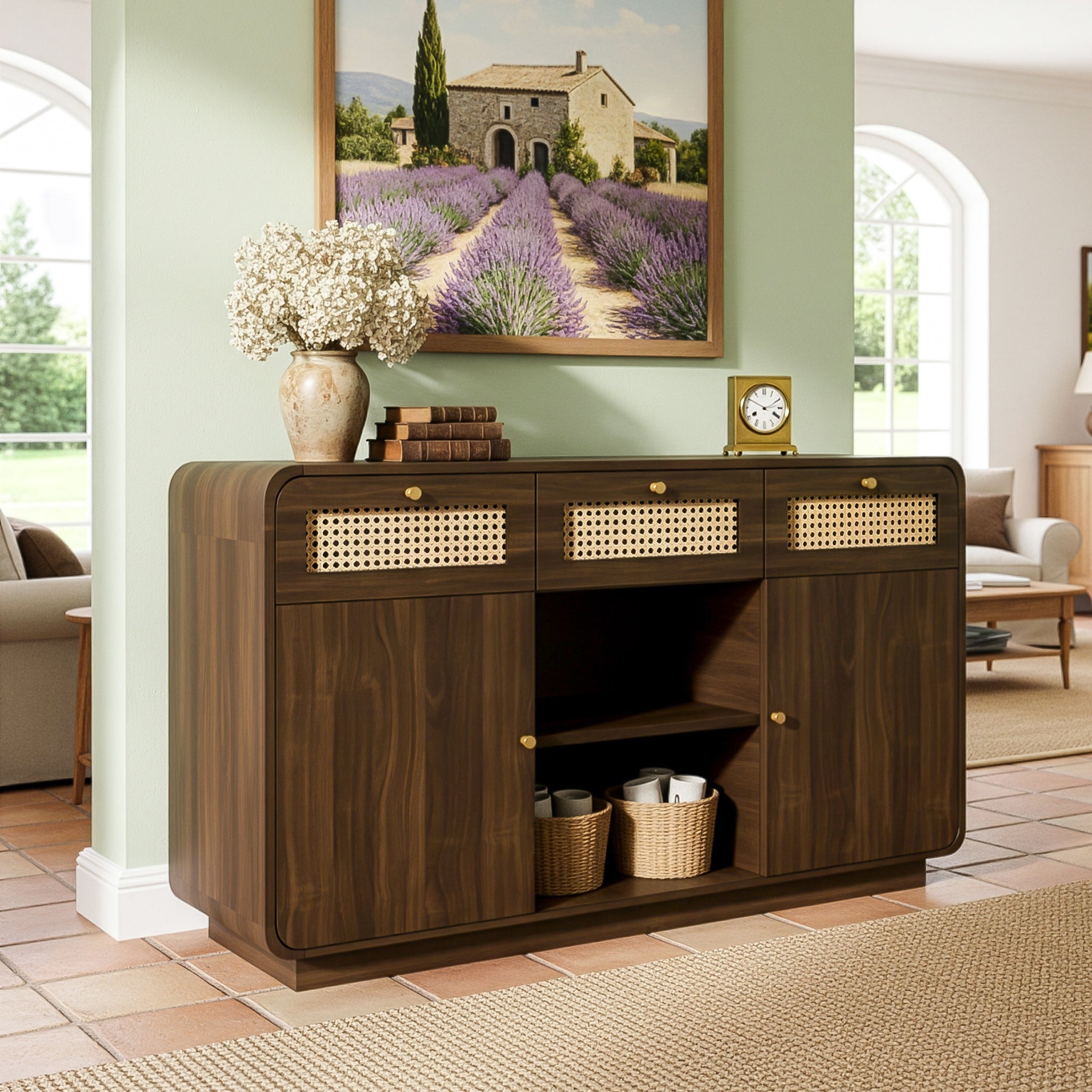 Logidon sideboard 120 cm walnut with rattan and gold handles