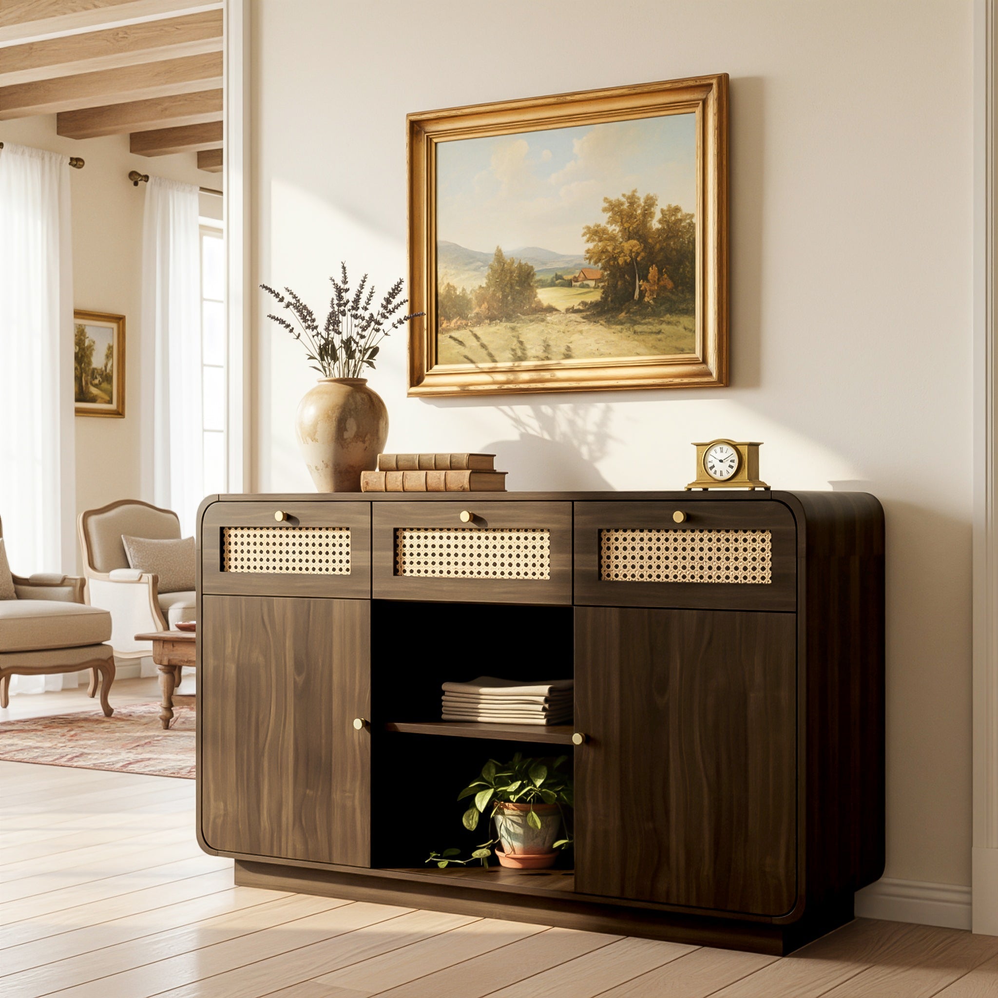 Logidon sideboard 120 cm walnut with rattan and gold handles