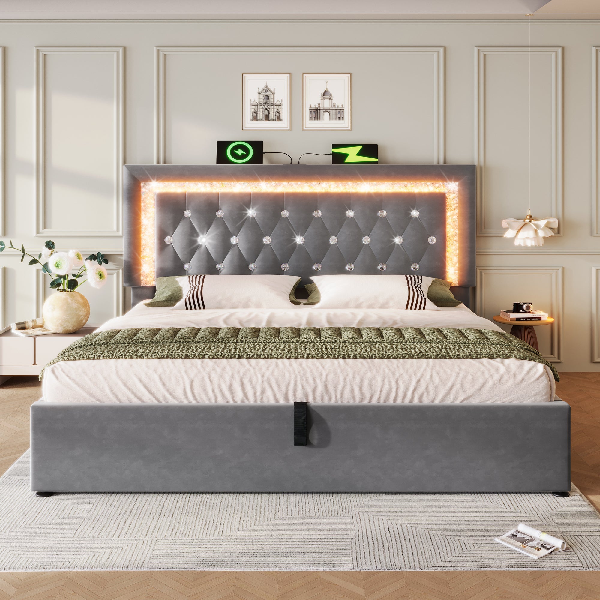 Logidon gestoffeerd bed 160x200 cm grijs met LED diamantband en USB