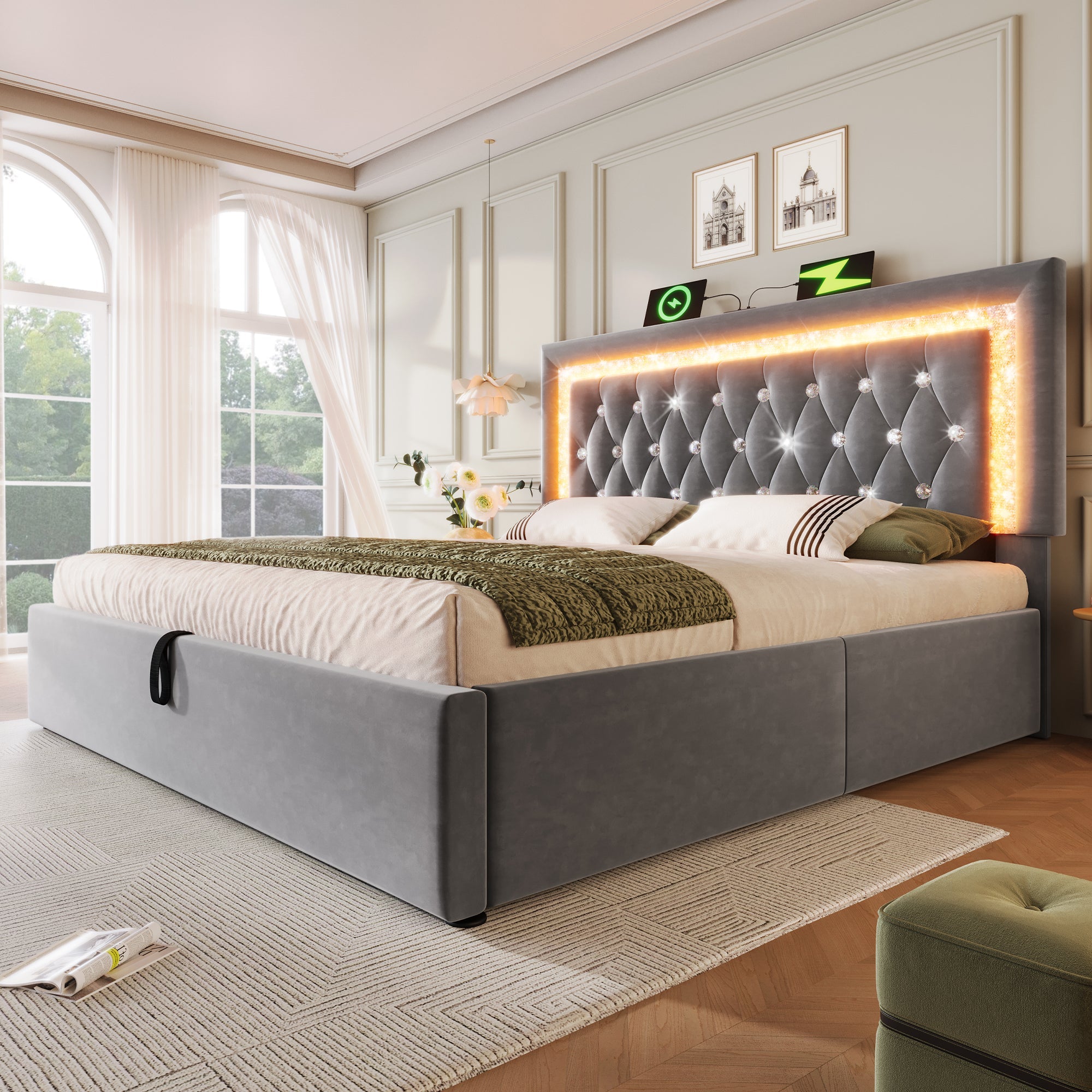 Logidon gestoffeerd bed 160x200 cm grijs met LED diamantband en USB