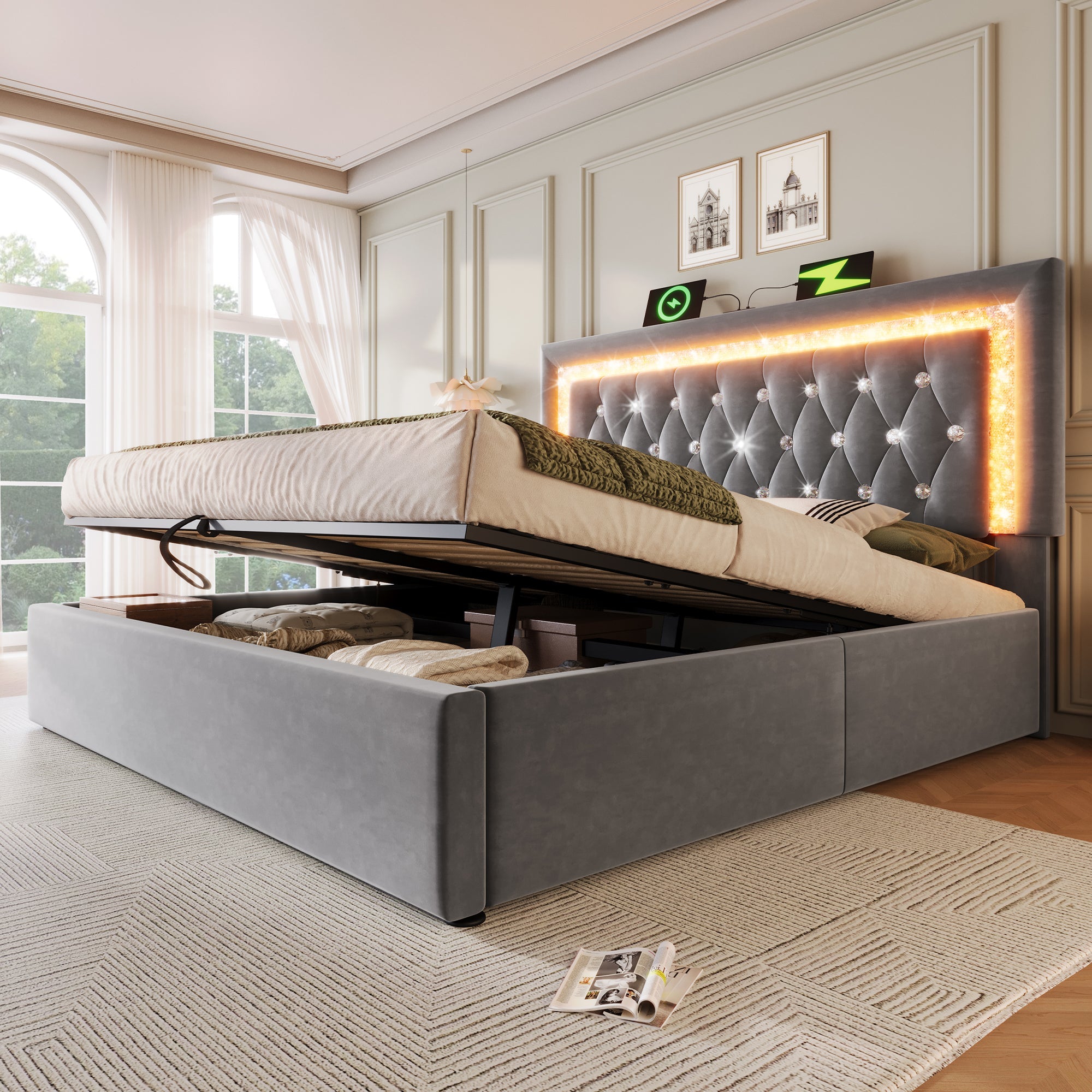 Logidon gestoffeerd bed 160x200 cm grijs met LED diamantband en USB