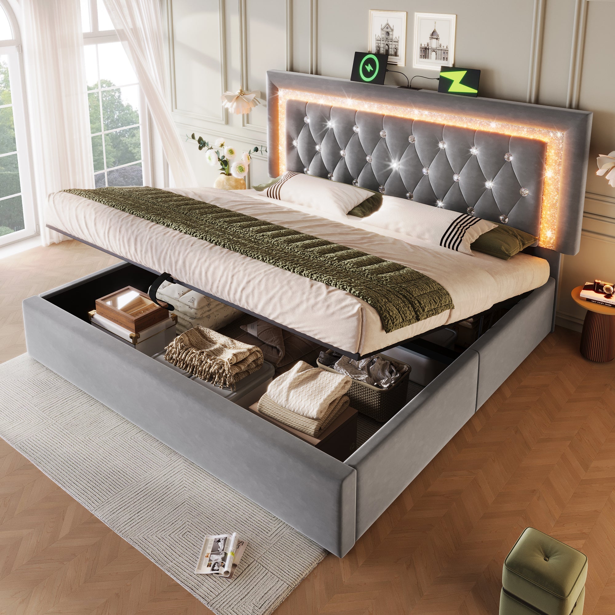 Logidon gestoffeerd bed 160x200 cm grijs met LED diamantband en USB
