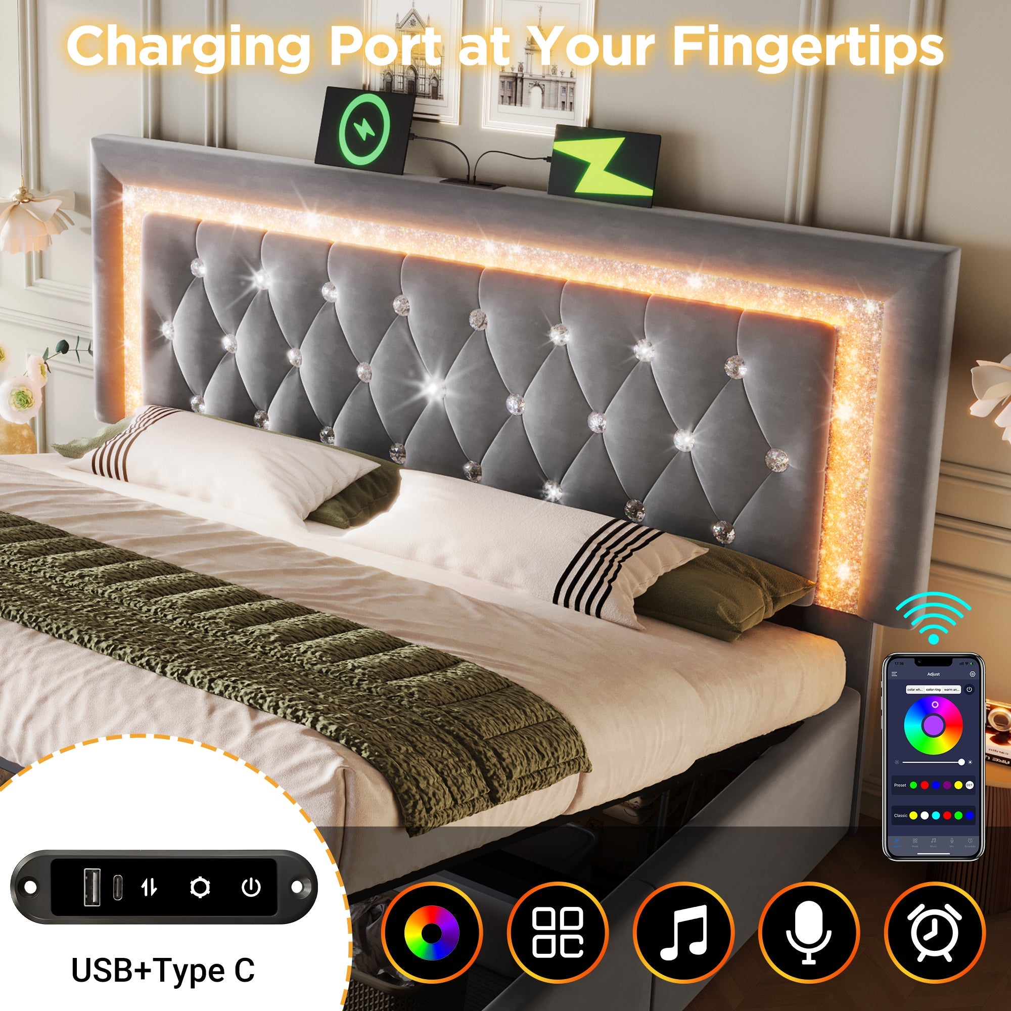 Logidon gestoffeerd bed 160x200 cm grijs met LED diamantband en USB
