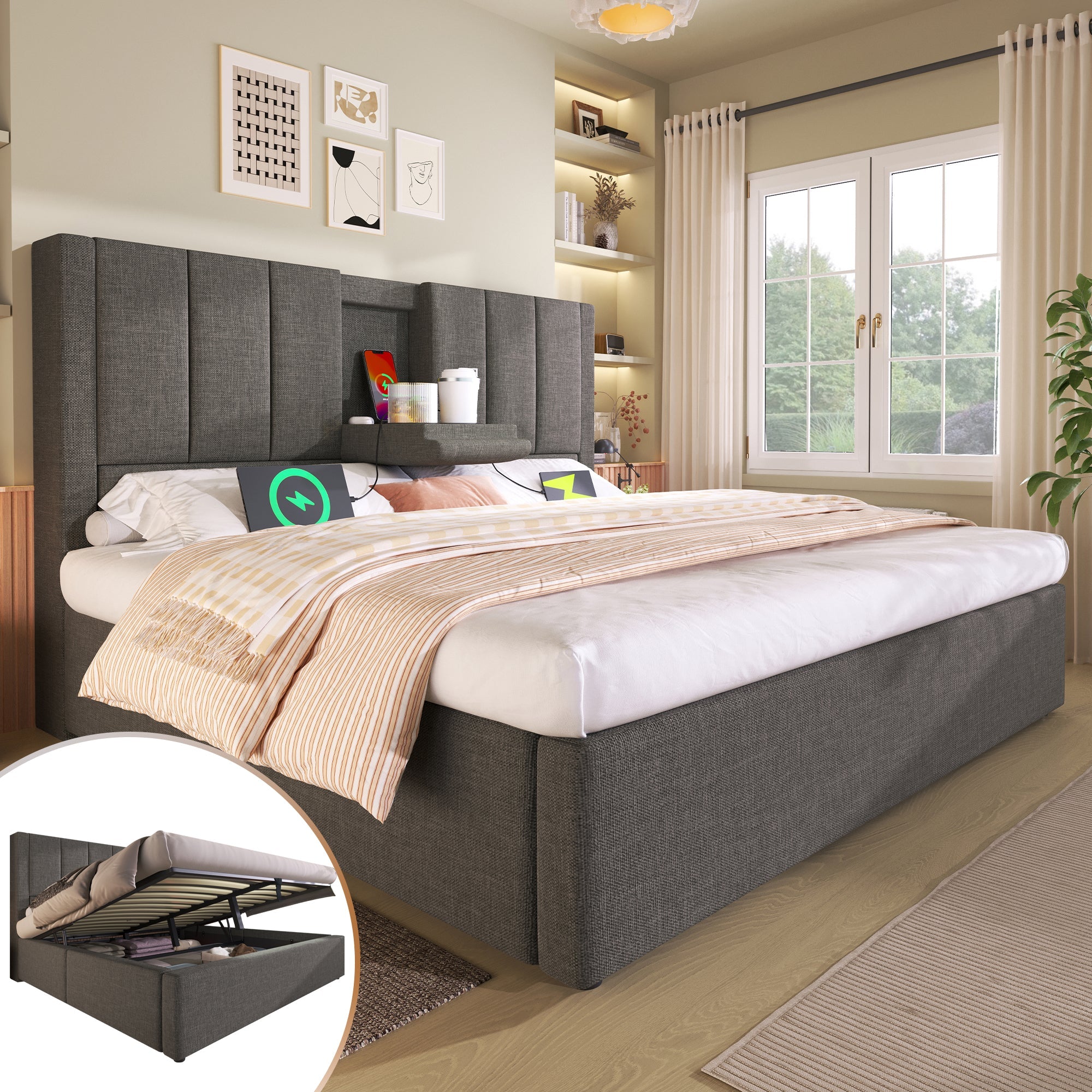 Logidon gestoffeerd bed 140x190 cm met bekerhouder en USB-oplader grijs