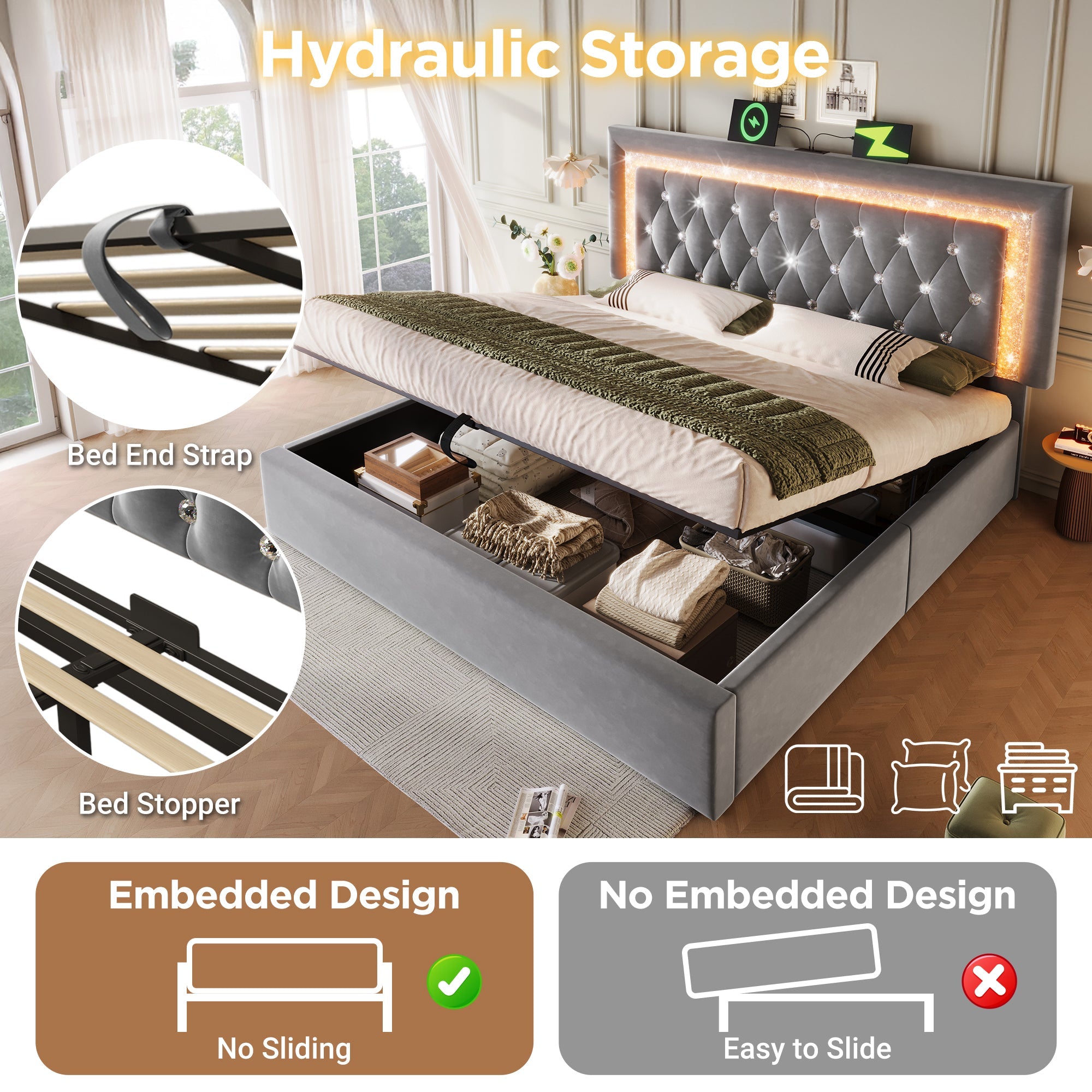 Logidon gestoffeerd bed 160x200 cm grijs met LED diamantband en USB