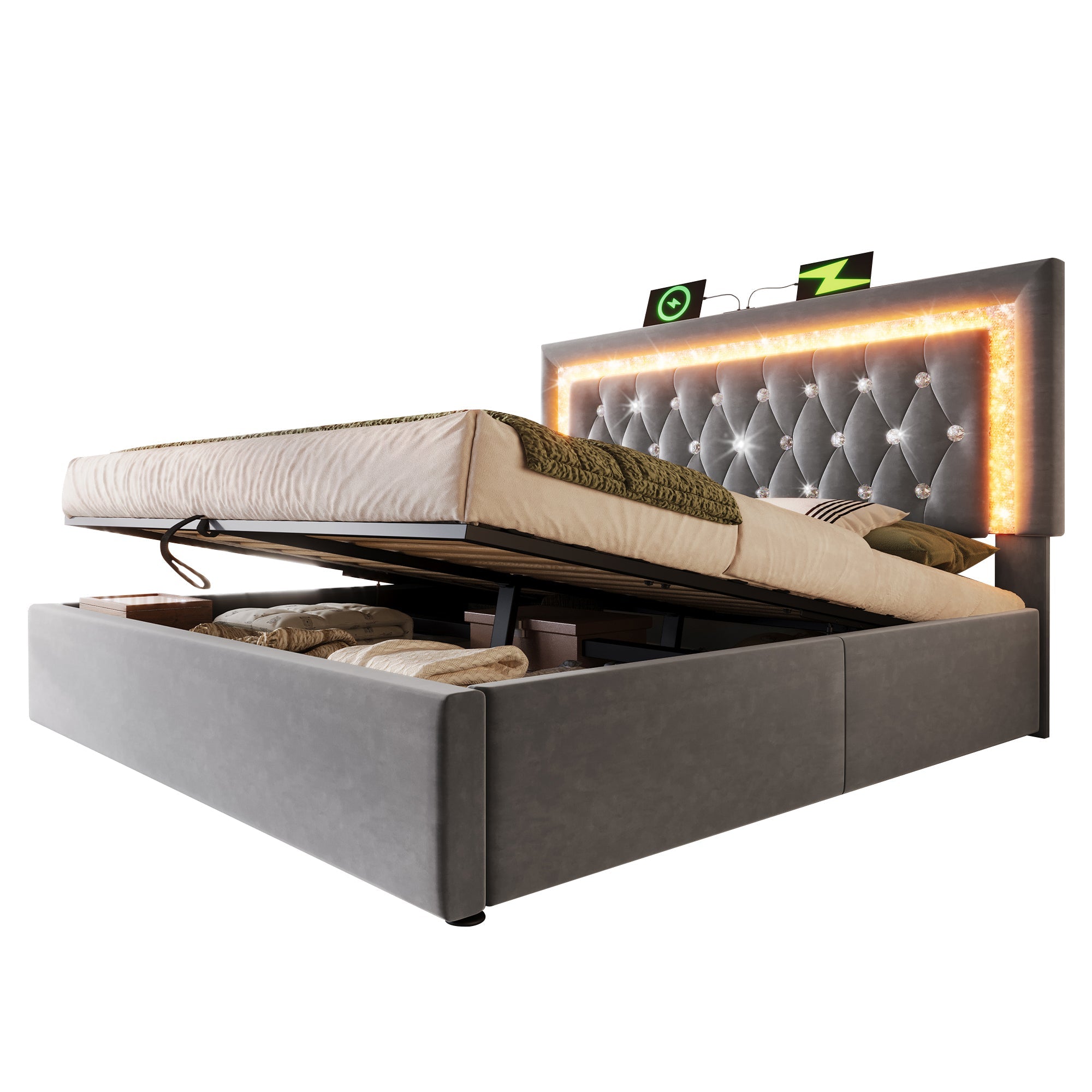 Logidon gestoffeerd bed 160x200 cm grijs met LED diamantband en USB