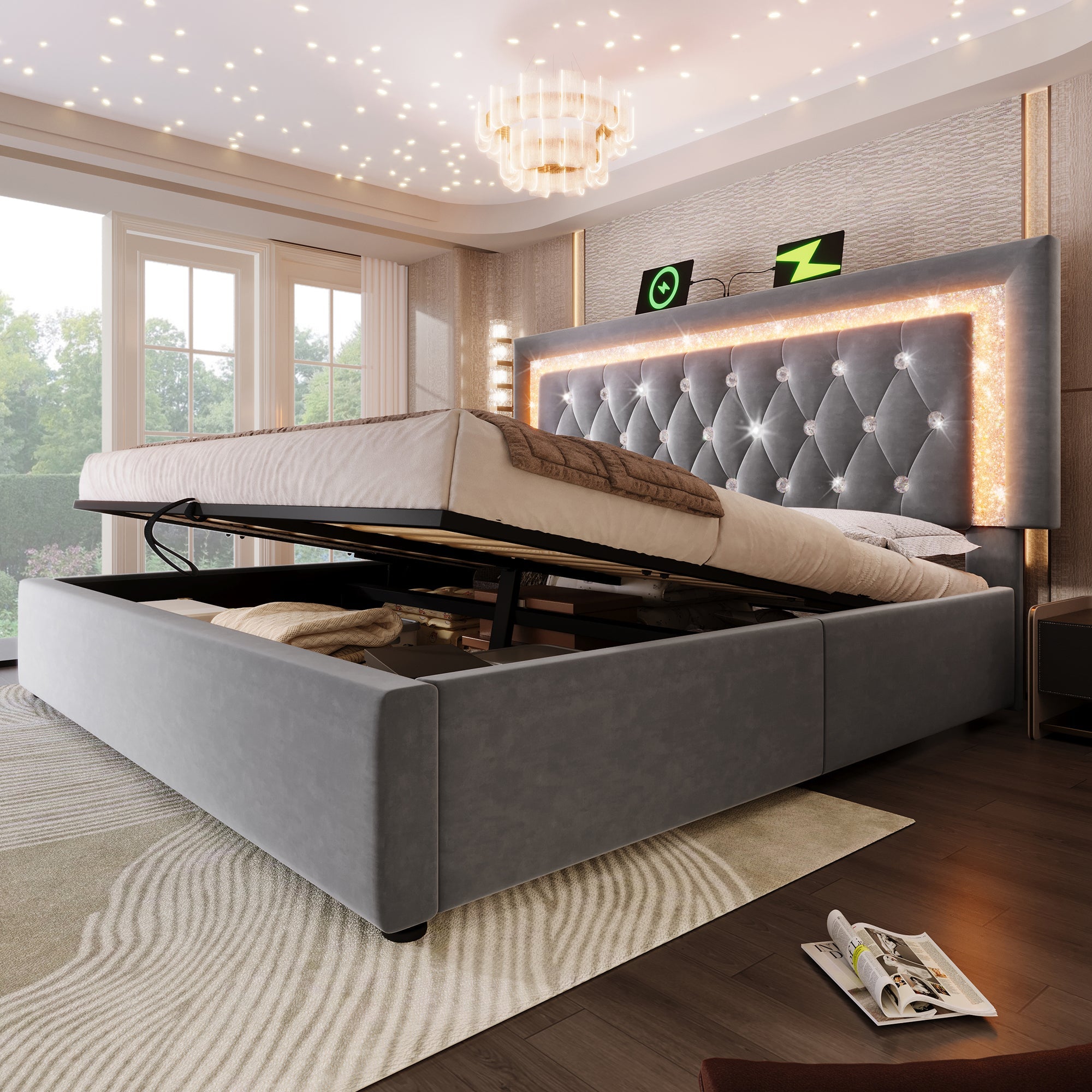 Logidon gestoffeerd bed 160x200 cm grijs met LED diamantband en USB