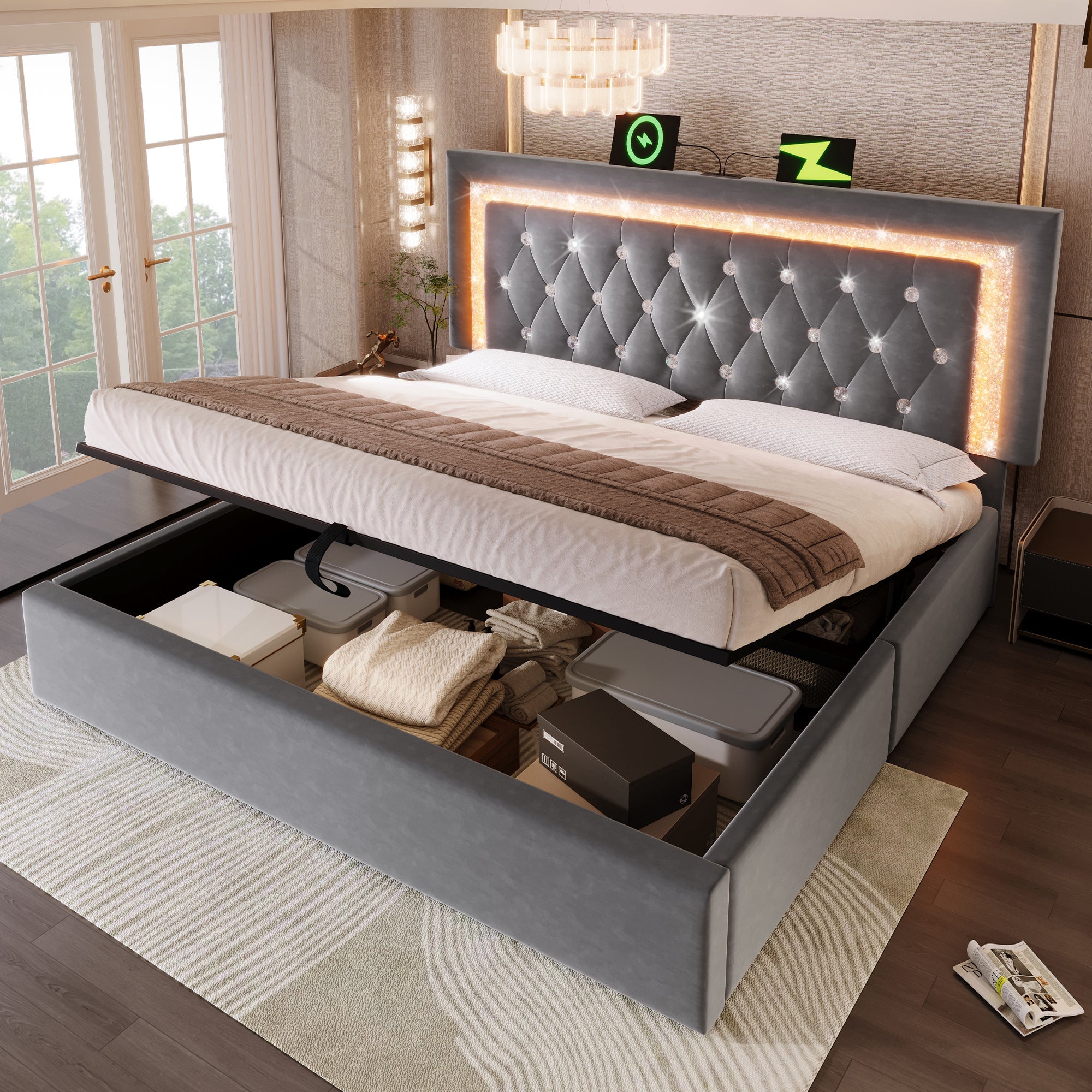 Logidon gestoffeerd bed 160x200 cm grijs met LED diamantband en USB