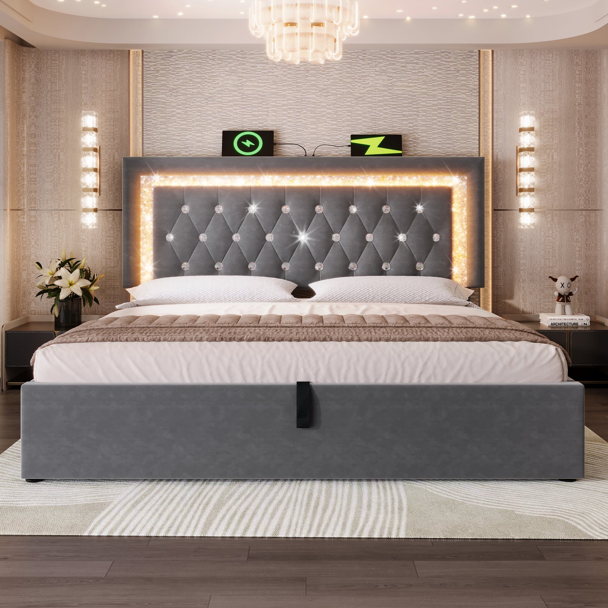 Logidon gestoffeerd bed 160x200 cm grijs met LED diamantband en USB