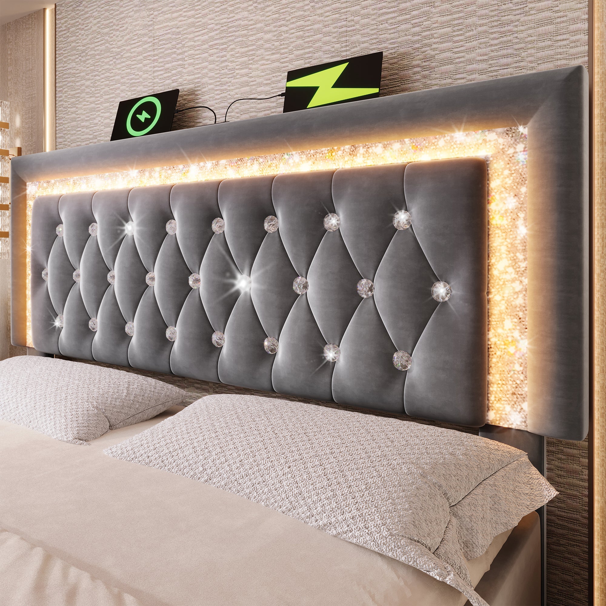Logidon gestoffeerd bed 160x200 cm grijs met LED diamantband en USB