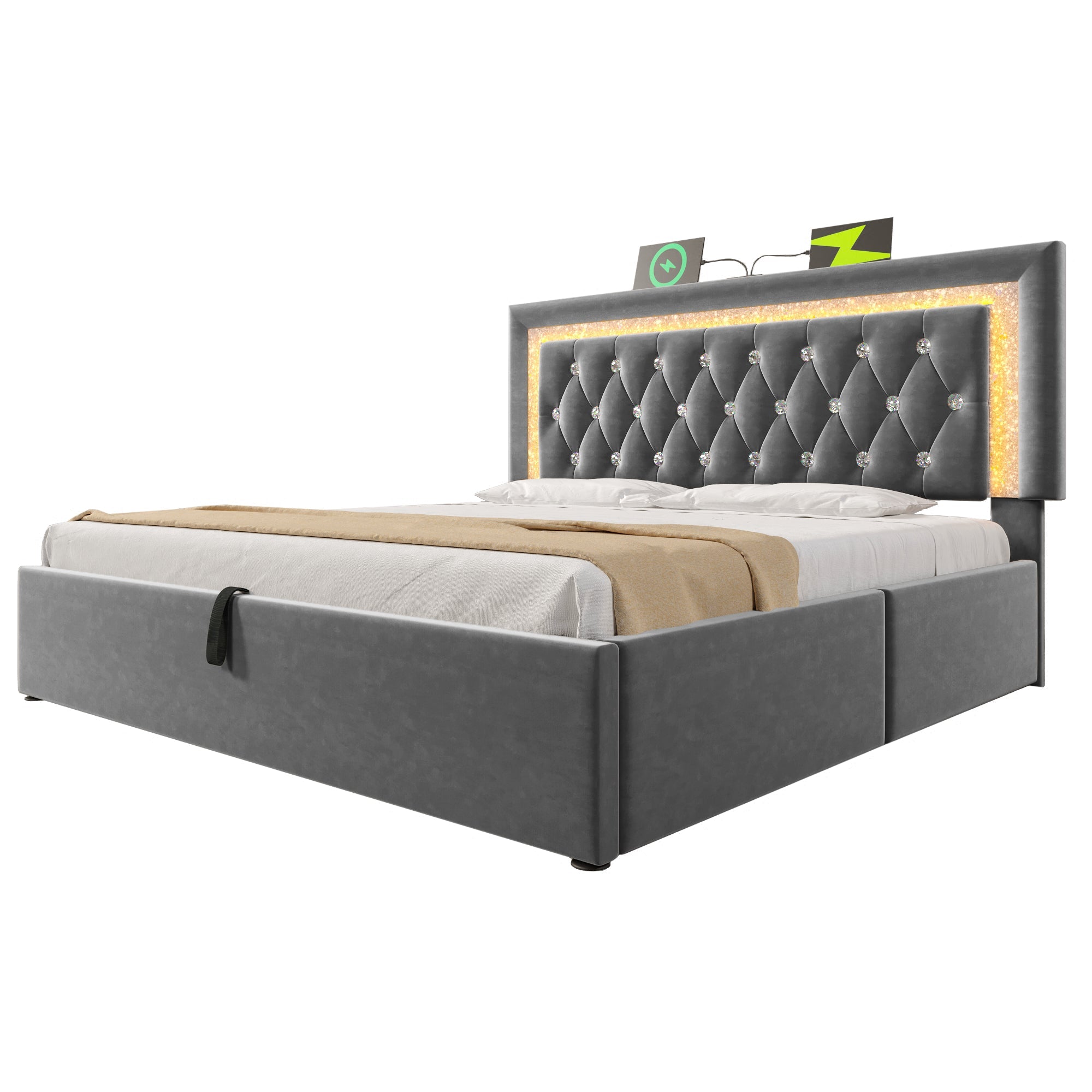 Logidon gestoffeerd bed 160x200 cm grijs met LED diamantband en USB