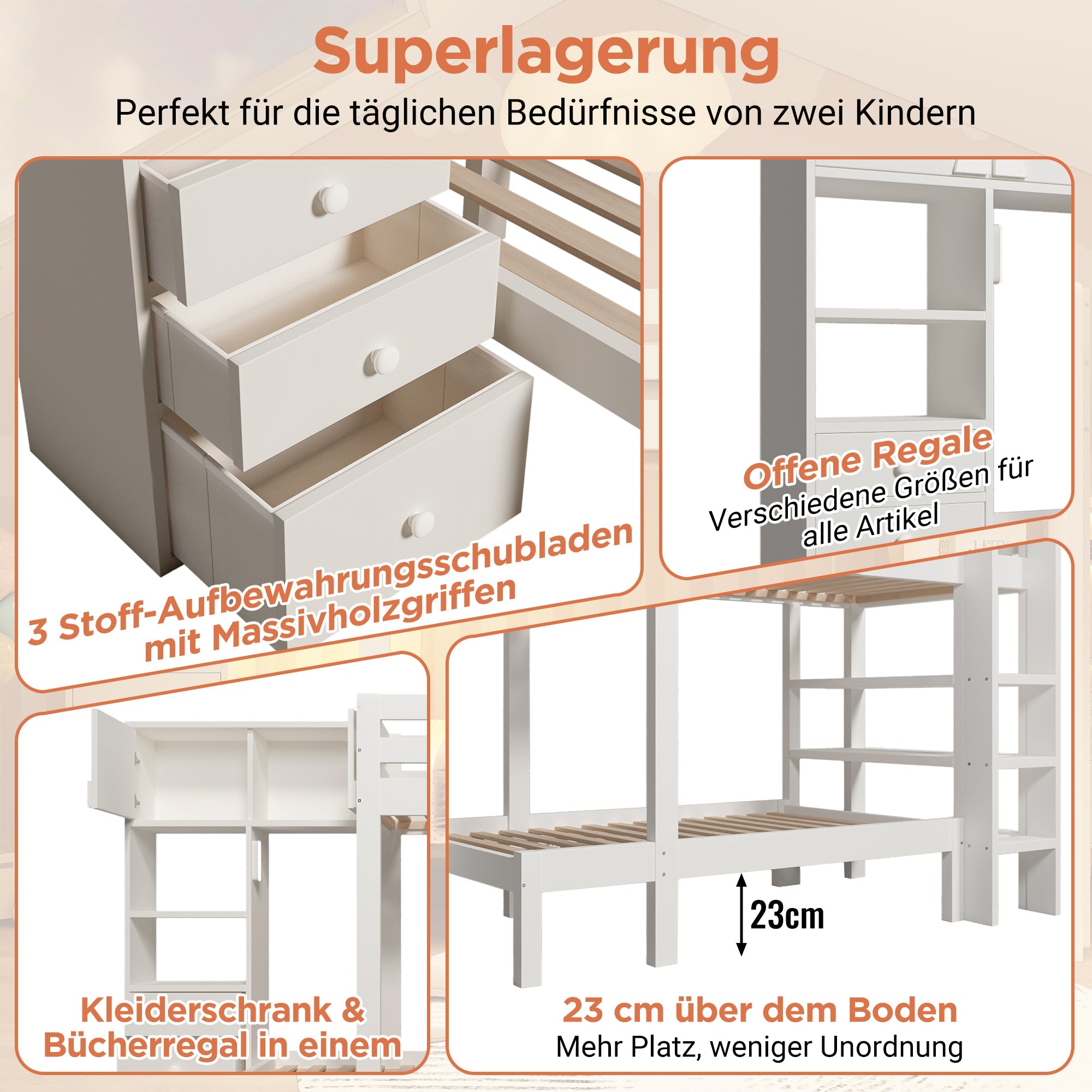 Logidon stapelbed 90x200 cm met nachtlampje en opbergruimte wit