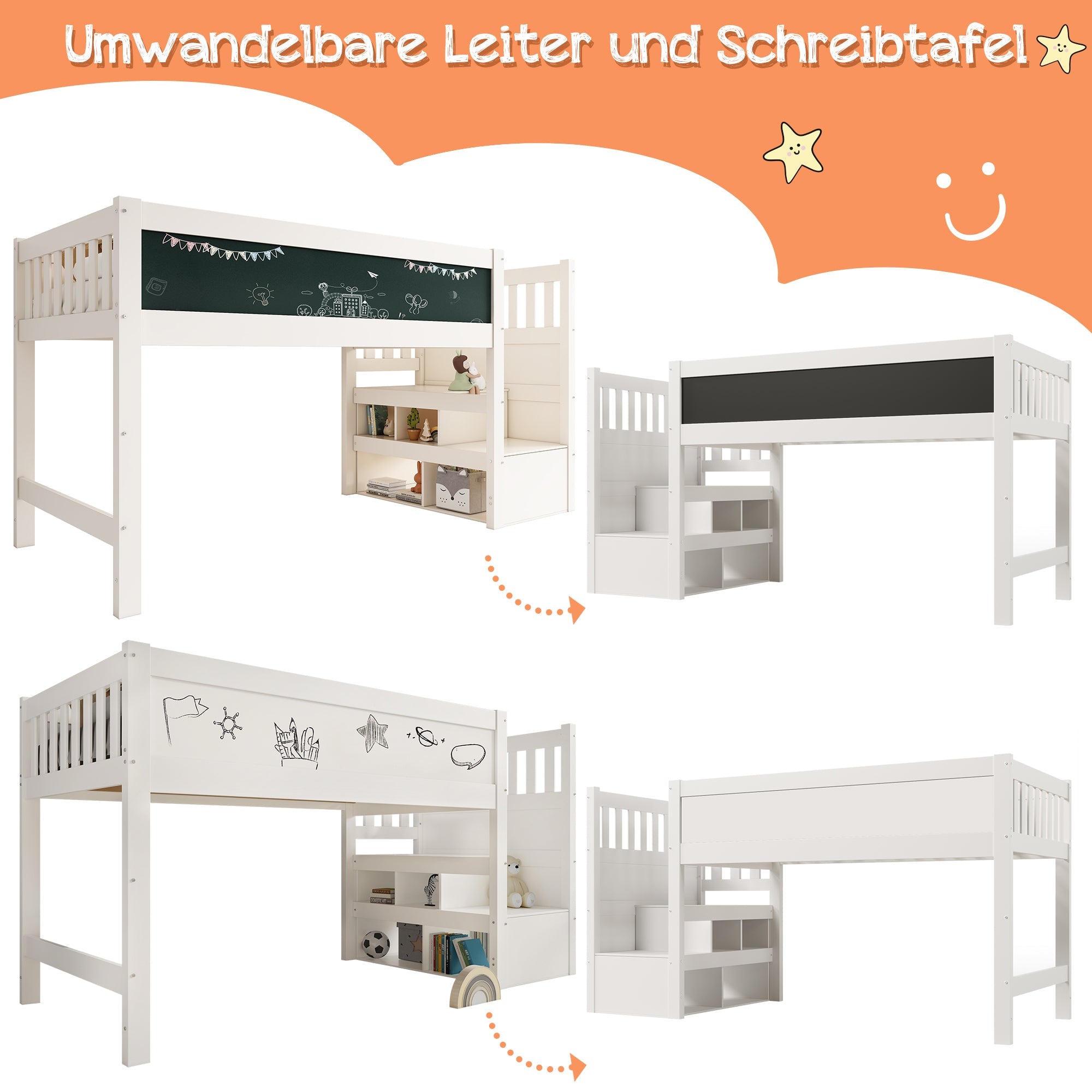 Logidon hoogslaper 90x200 kinderbed met whiteboard wit