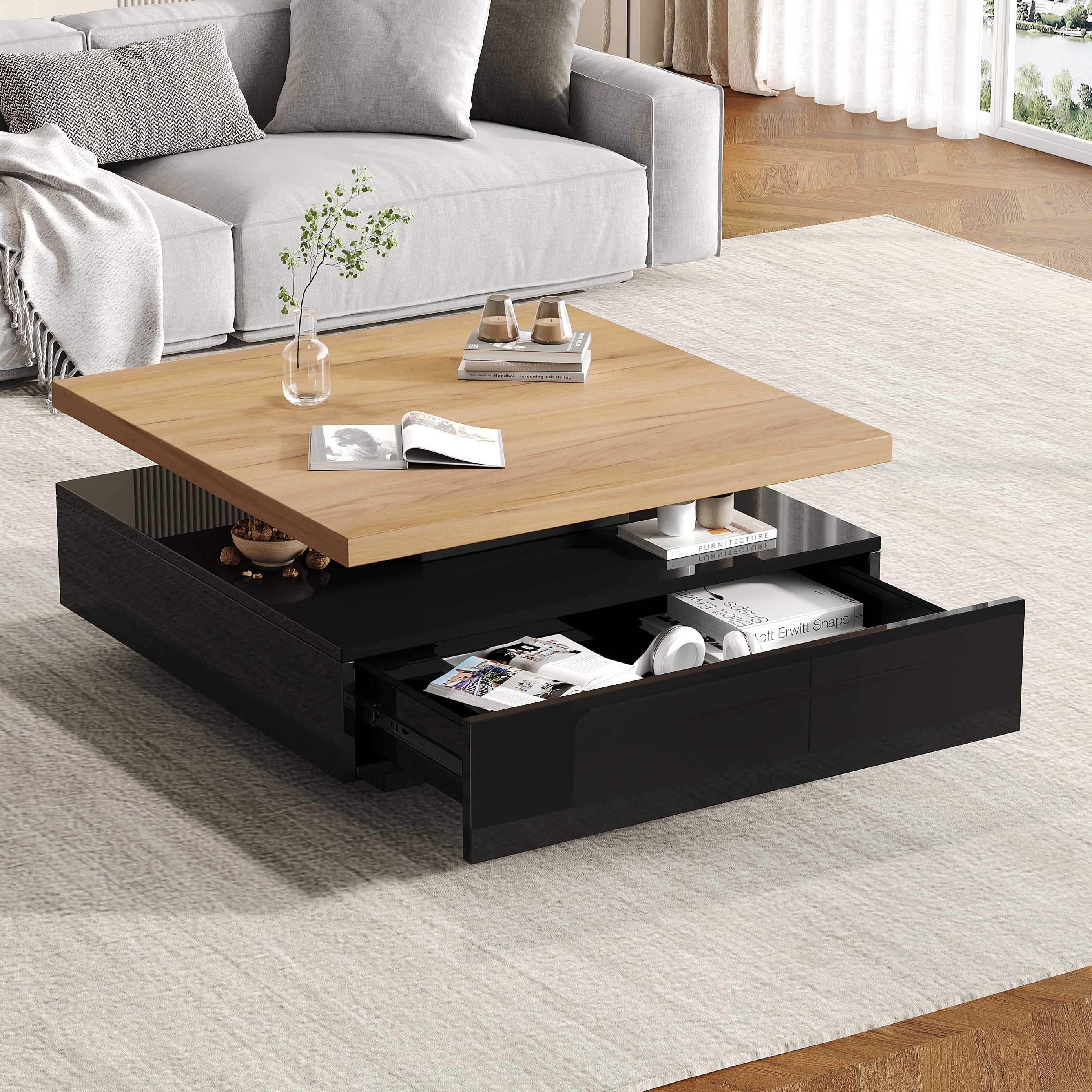 Logidon Vierkante Draaibare Salontafel 70x70 cm Bruin 360 graden