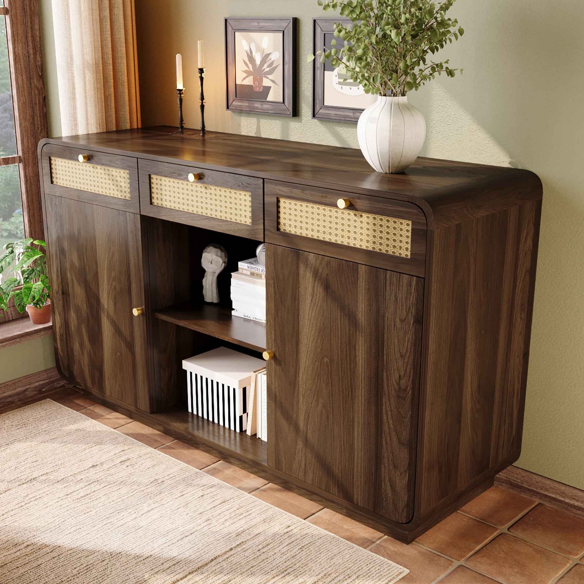 Logidon sideboard 120 cm walnut with rattan and gold handles