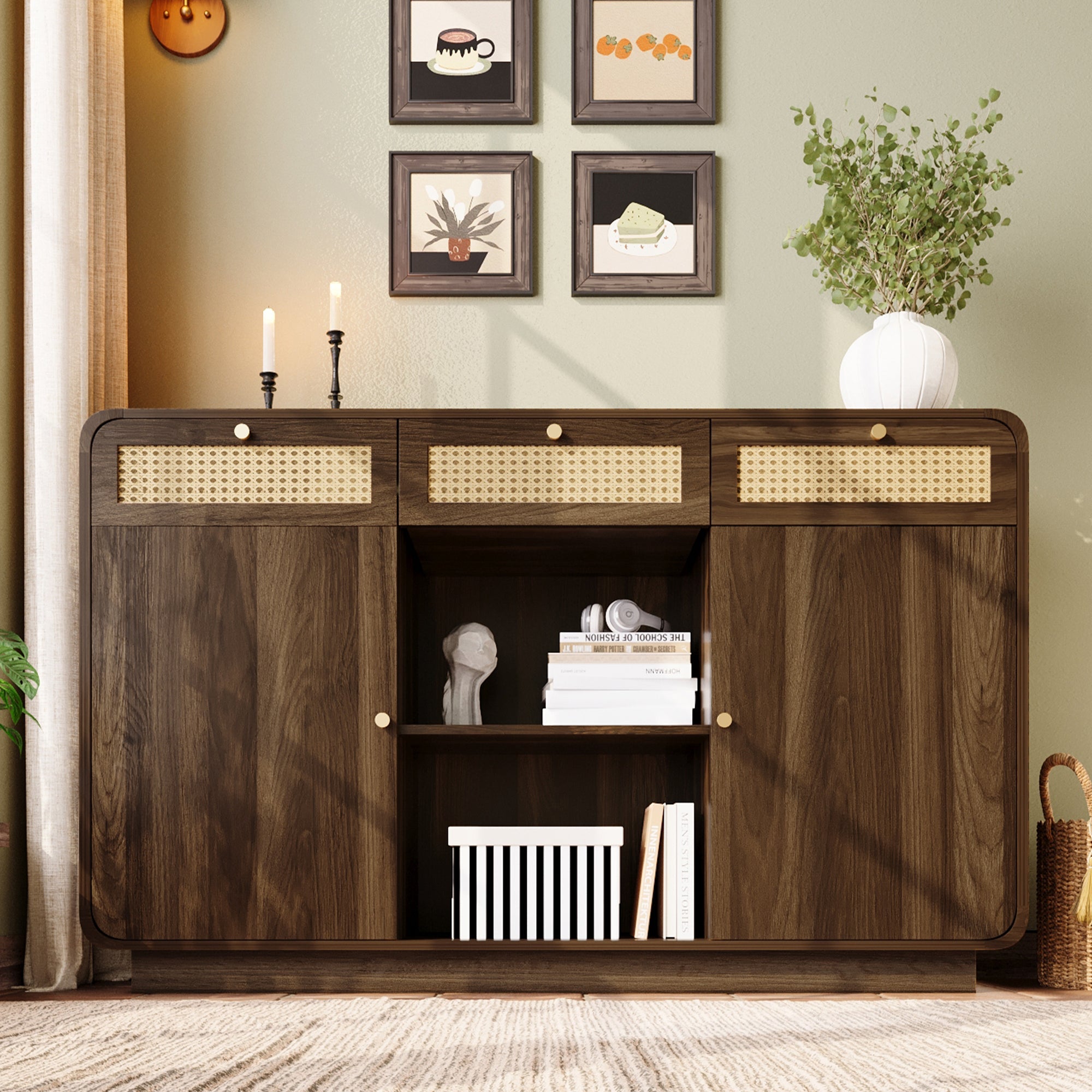 Logidon sideboard 120 cm walnut with rattan and gold handles