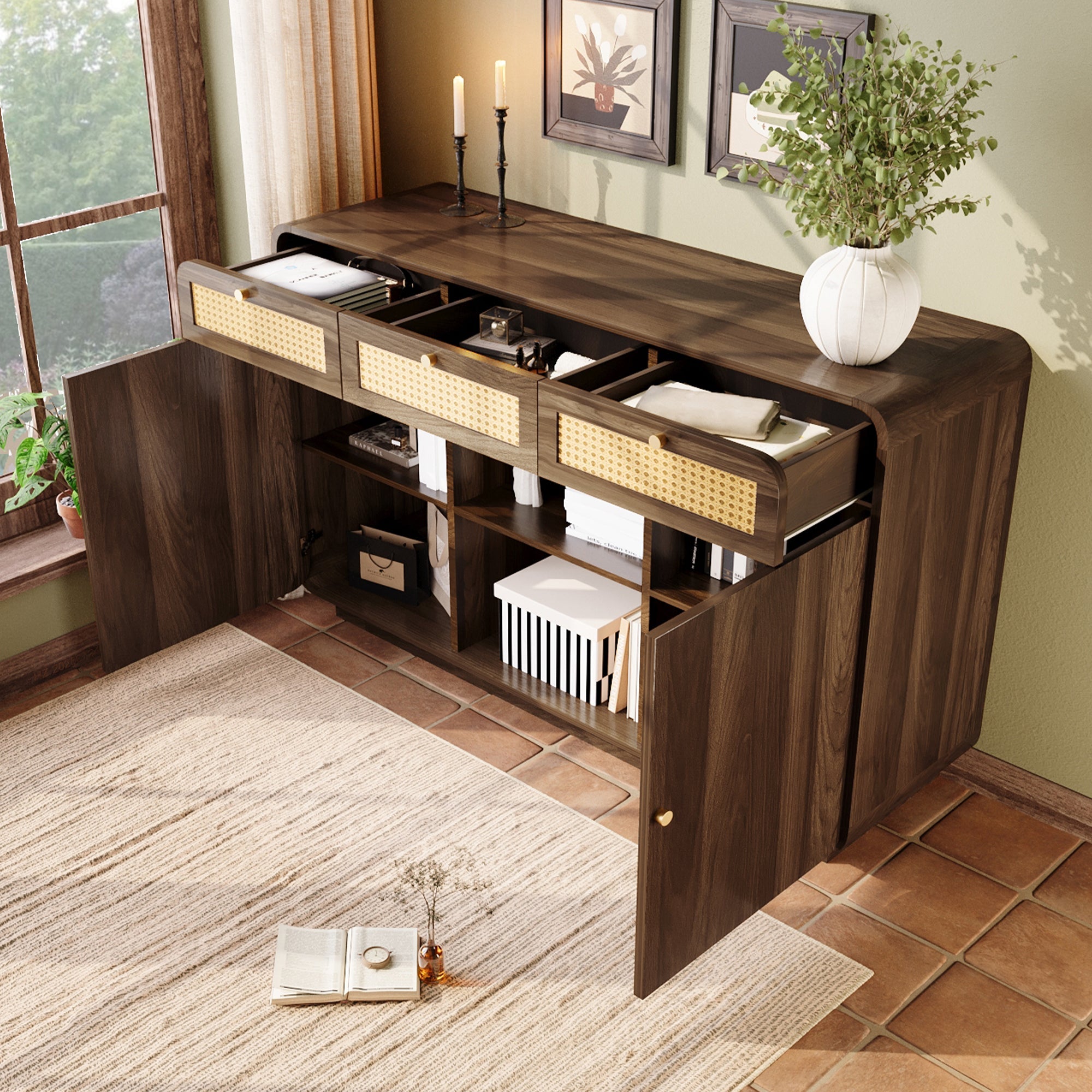 Logidon sideboard 120 cm walnut with rattan and gold handles