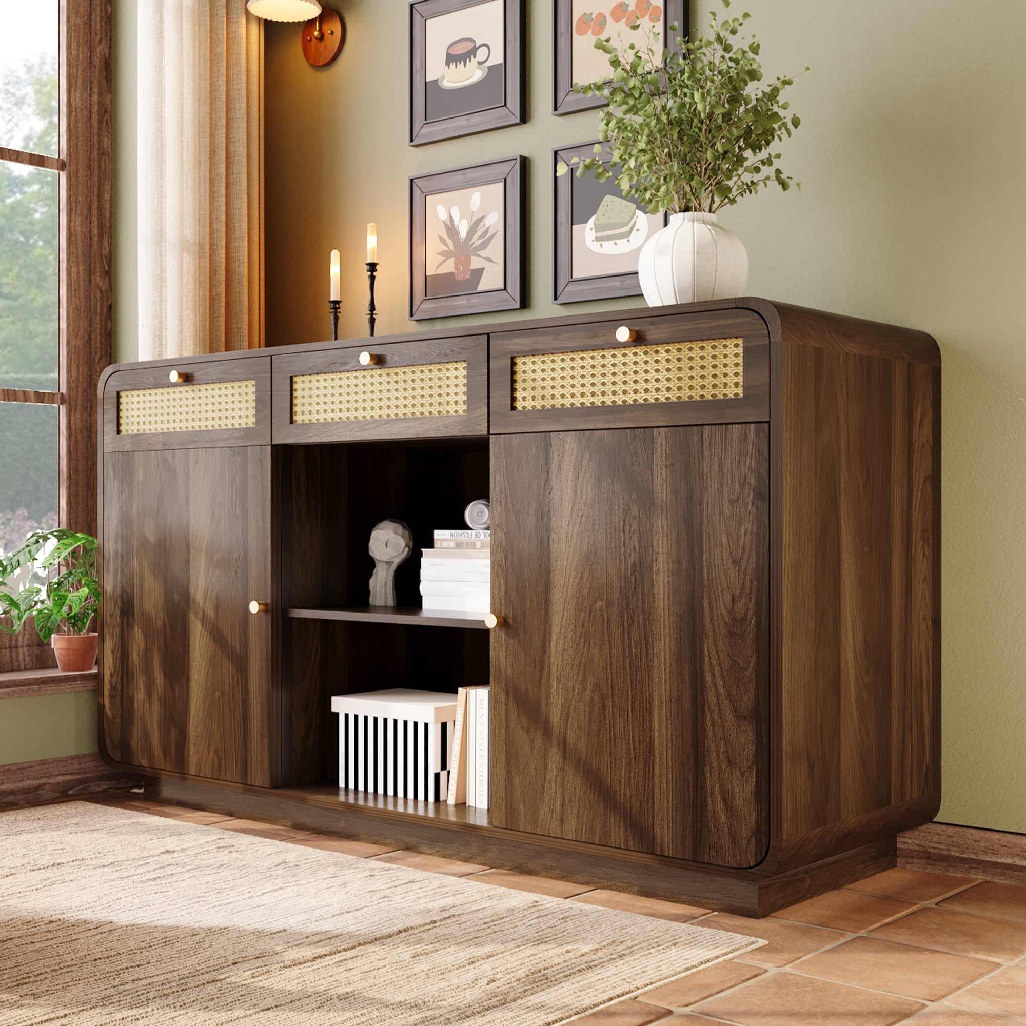 Logidon sideboard 120 cm walnut with rattan and gold handles